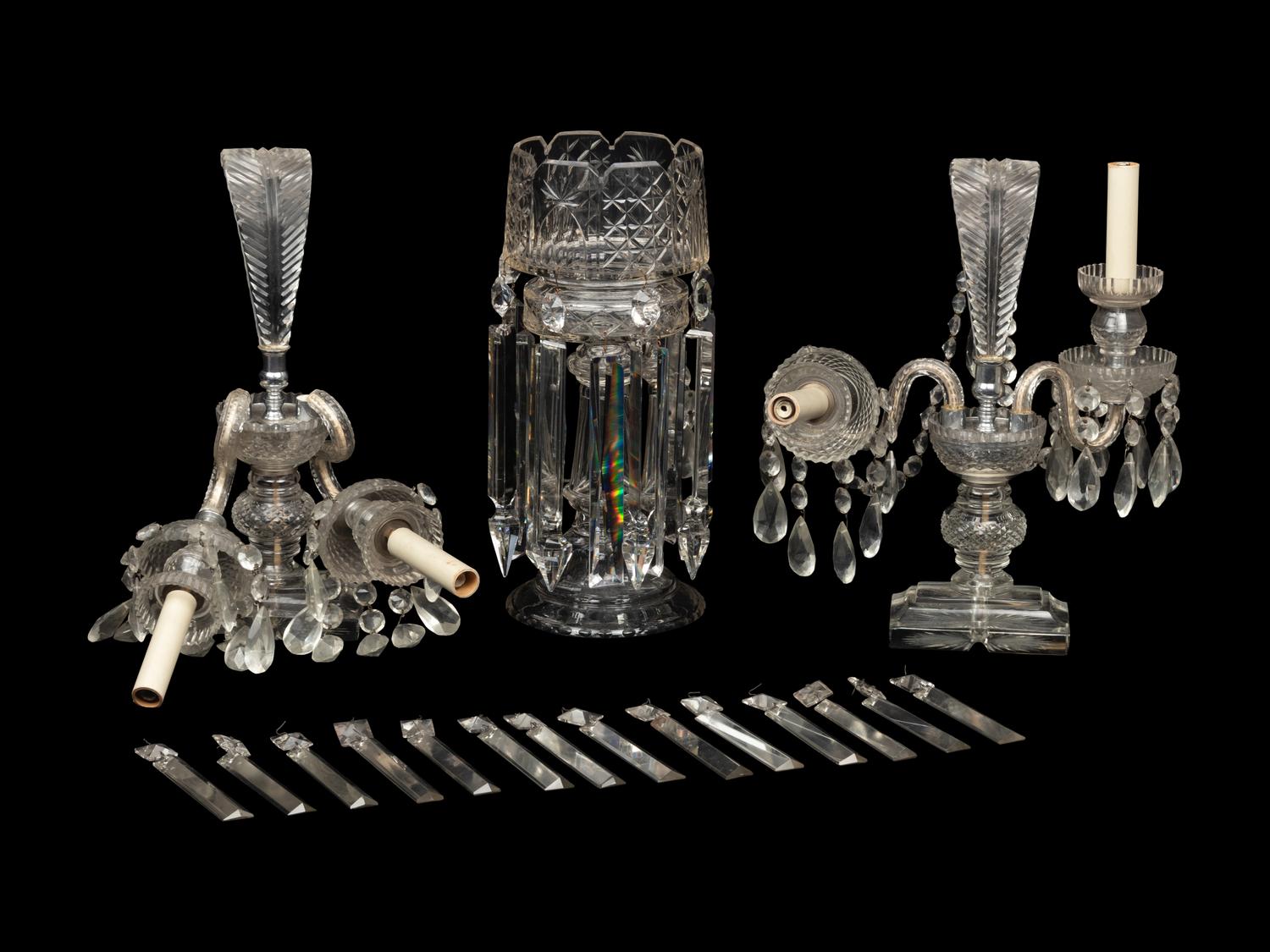 A Pair of Cut Glass Two-Light Candelabra and a Similar Girandole