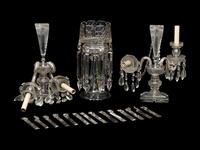 A Pair of Cut Glass Two-Light Candelabra and a Similar Girandole