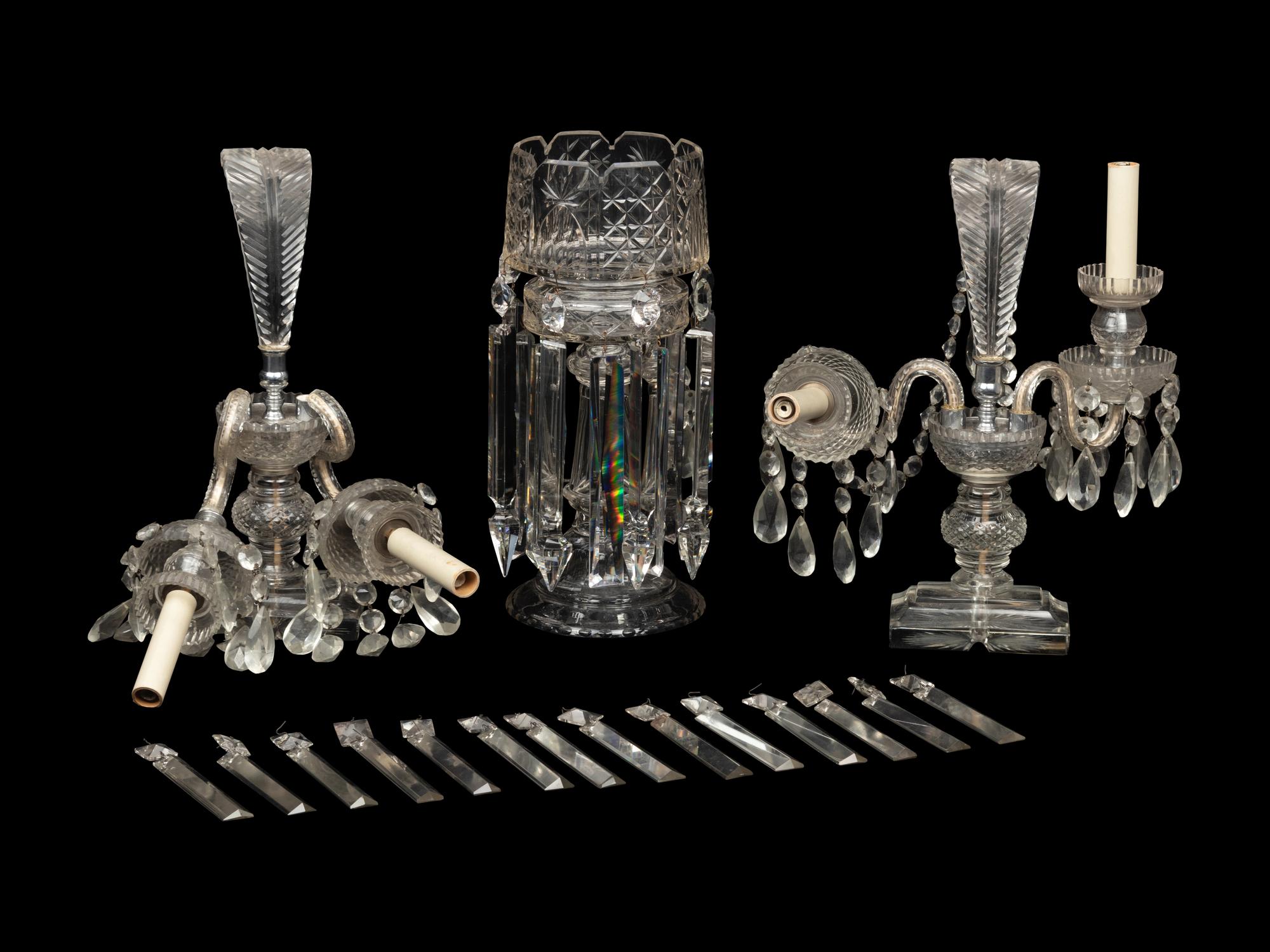 A Pair of Cut Glass Two-Light Candelabra and a Similar Girandole