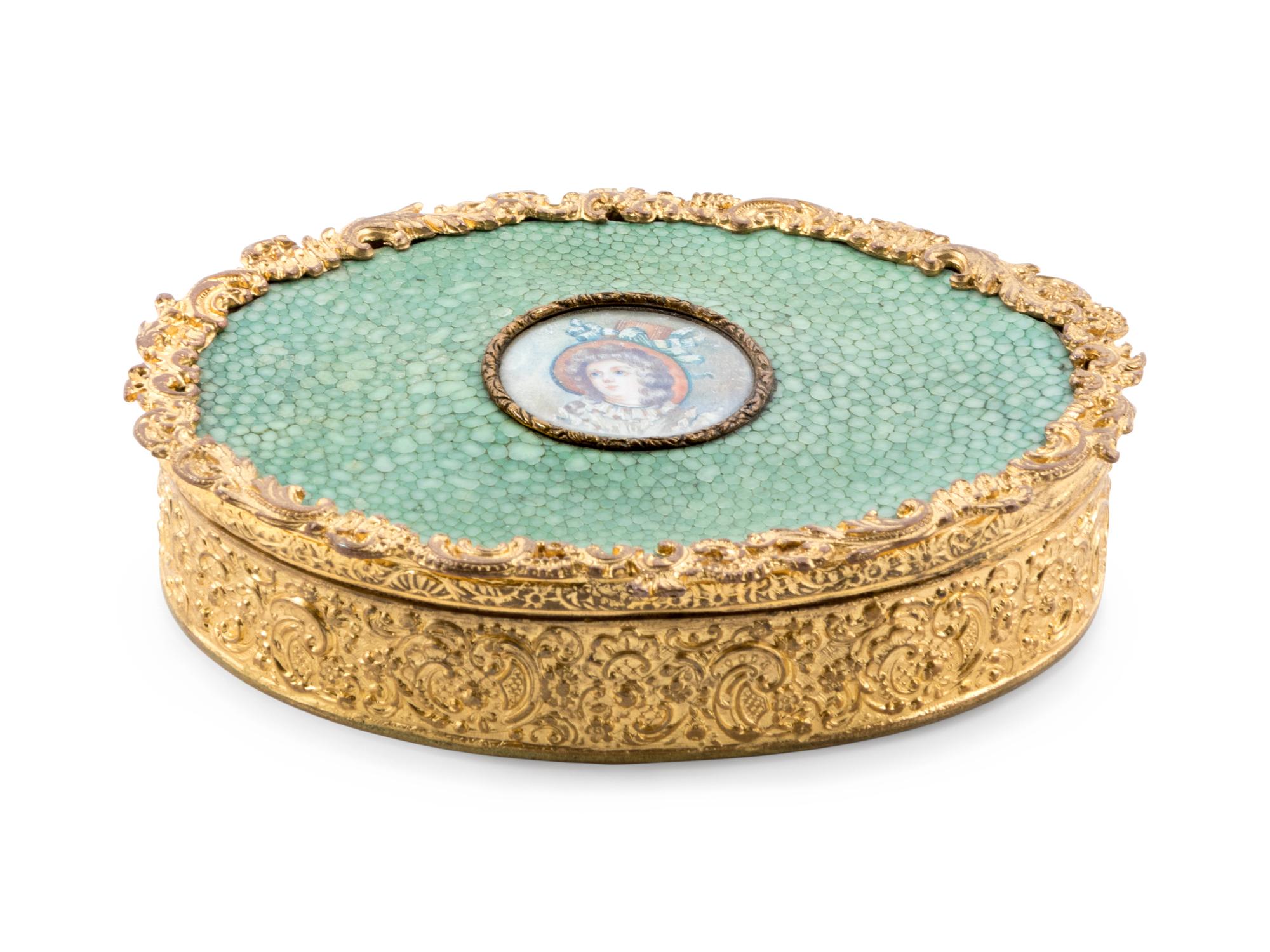 A French Gilt Metal and Shagreen Portrait-Inset Box