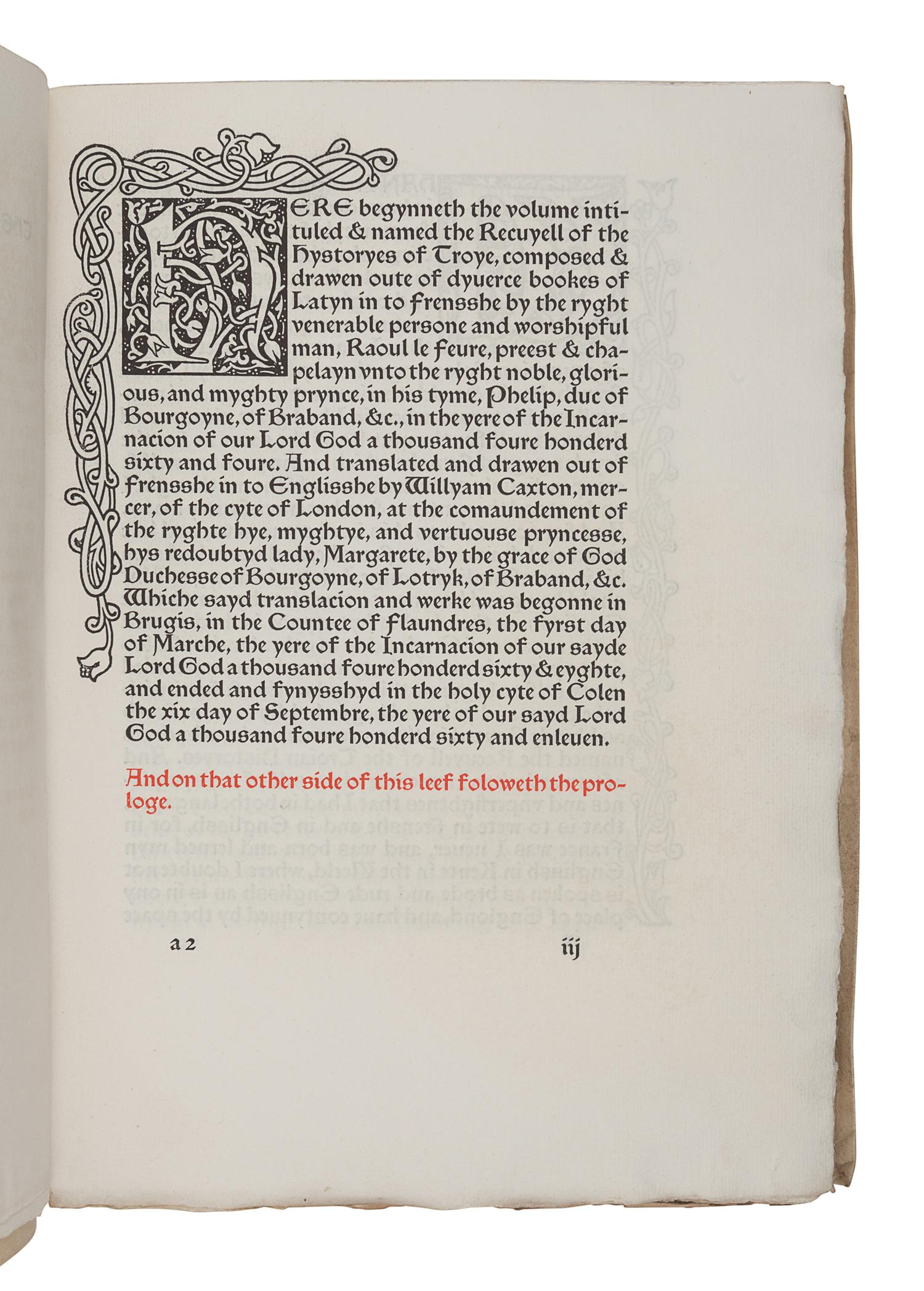 [FINE PRESS & LIVRE D'ARTISTE]. -- [KELMSCOTT PRESS]. LEFEVRE, Raoul. The Recuyell of the Historyes of Troye . Translated by William Caxton, edited by H. Halliday Sparling. Hammersmith: Kelmscott Press, 1892.