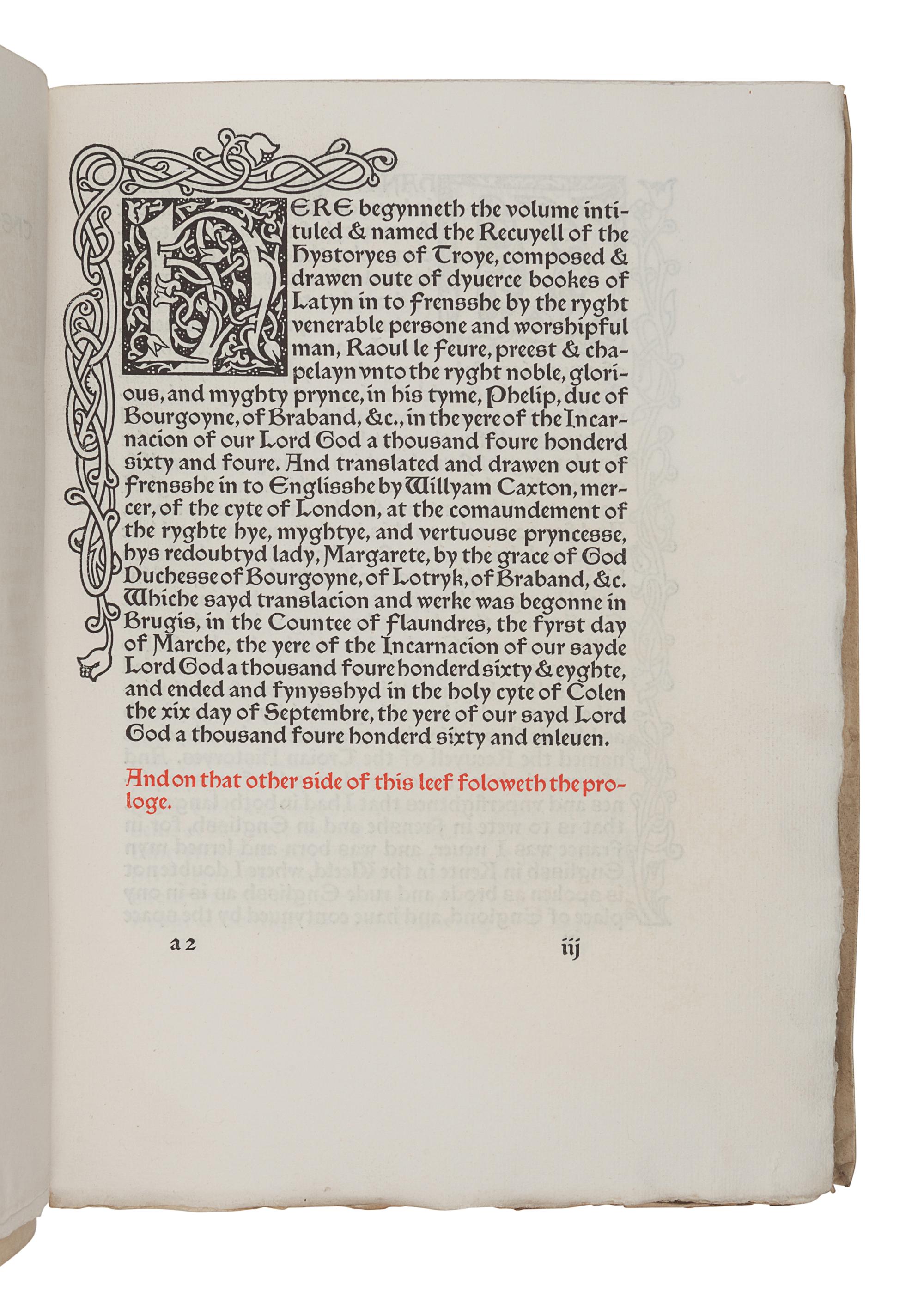 [FINE PRESS & LIVRE D'ARTISTE]. -- [KELMSCOTT PRESS]. LEFEVRE, Raoul. The Recuyell of the Historyes of Troye . Translated by William Caxton, edited by H. Halliday Sparling. Hammersmith: Kelmscott Press, 1892.