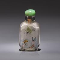 An Unusual Chinese Miniature Interior-Painted Glass "Butterflies" Snuff Bottle, Ma Shaoxuan, Qing Dynasty, Circa 1897-1900 — 1897-1900年 馬少宣作玻璃內畫歡天喜地圖配詩文小鼻煙壺