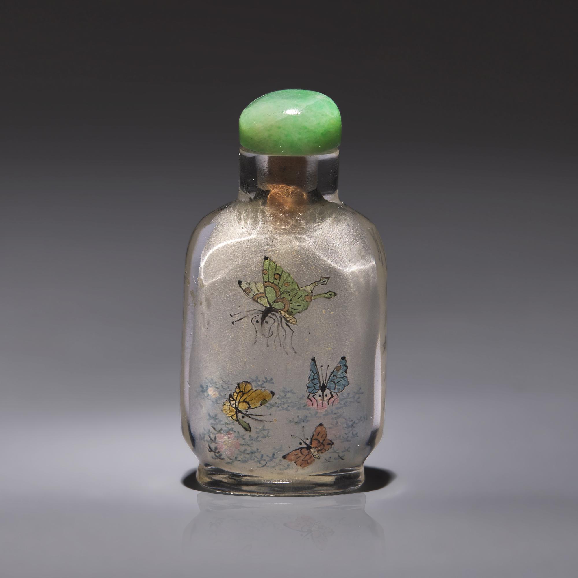 An Unusual Chinese Miniature Interior-Painted Glass "Butterflies" Snuff Bottle, Ma Shaoxuan, Qing Dynasty, Circa 1897-1900 — 1897-1900年 馬少宣作玻璃內畫歡天喜地圖配詩文小鼻煙壺