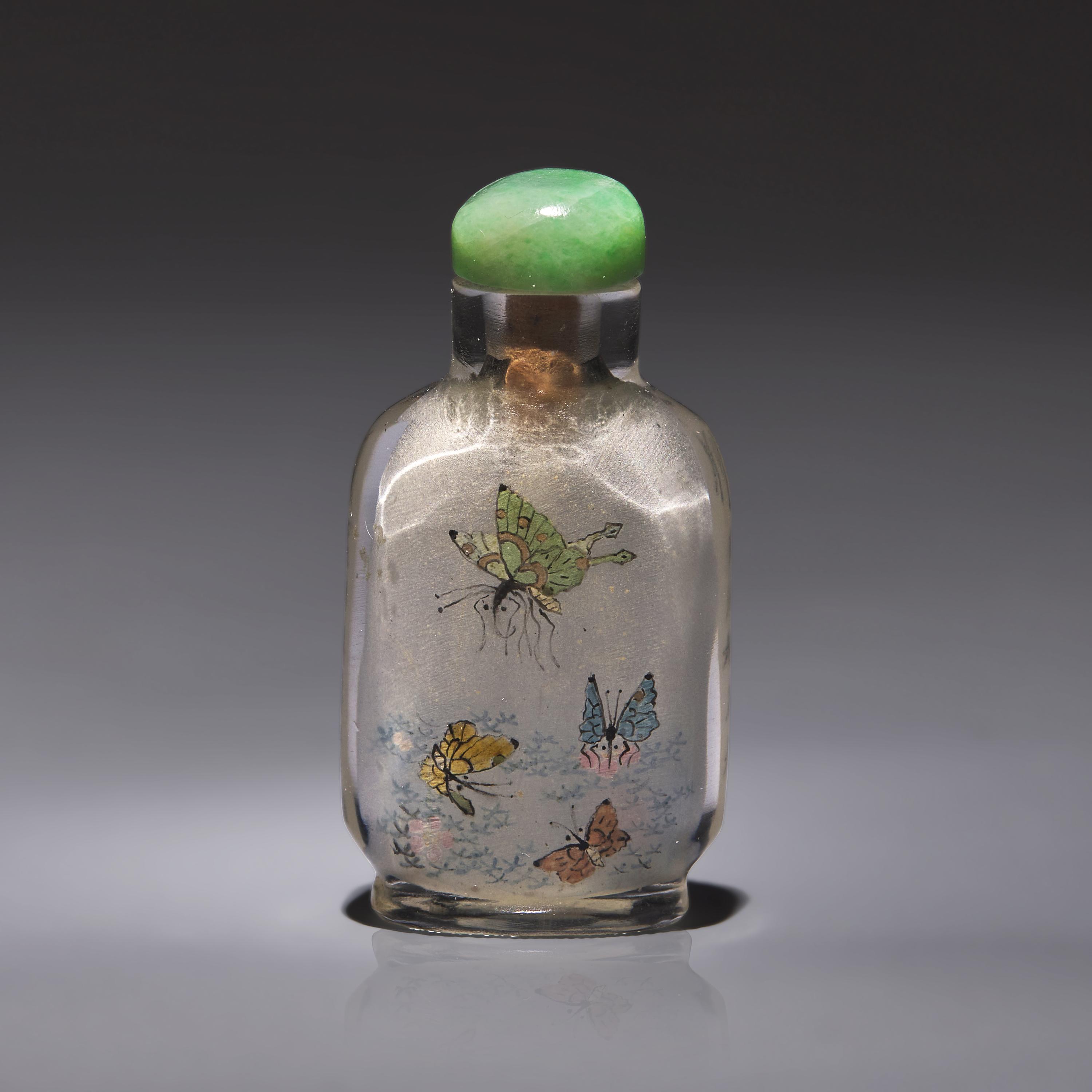 An Unusual Chinese Miniature Interior-Painted Glass "Butterflies" Snuff Bottle, Ma Shaoxuan, Qing Dynasty, Circa 1897-1900 — 1897-1900年 馬少宣作玻璃內畫歡天喜地圖配詩文小鼻煙壺