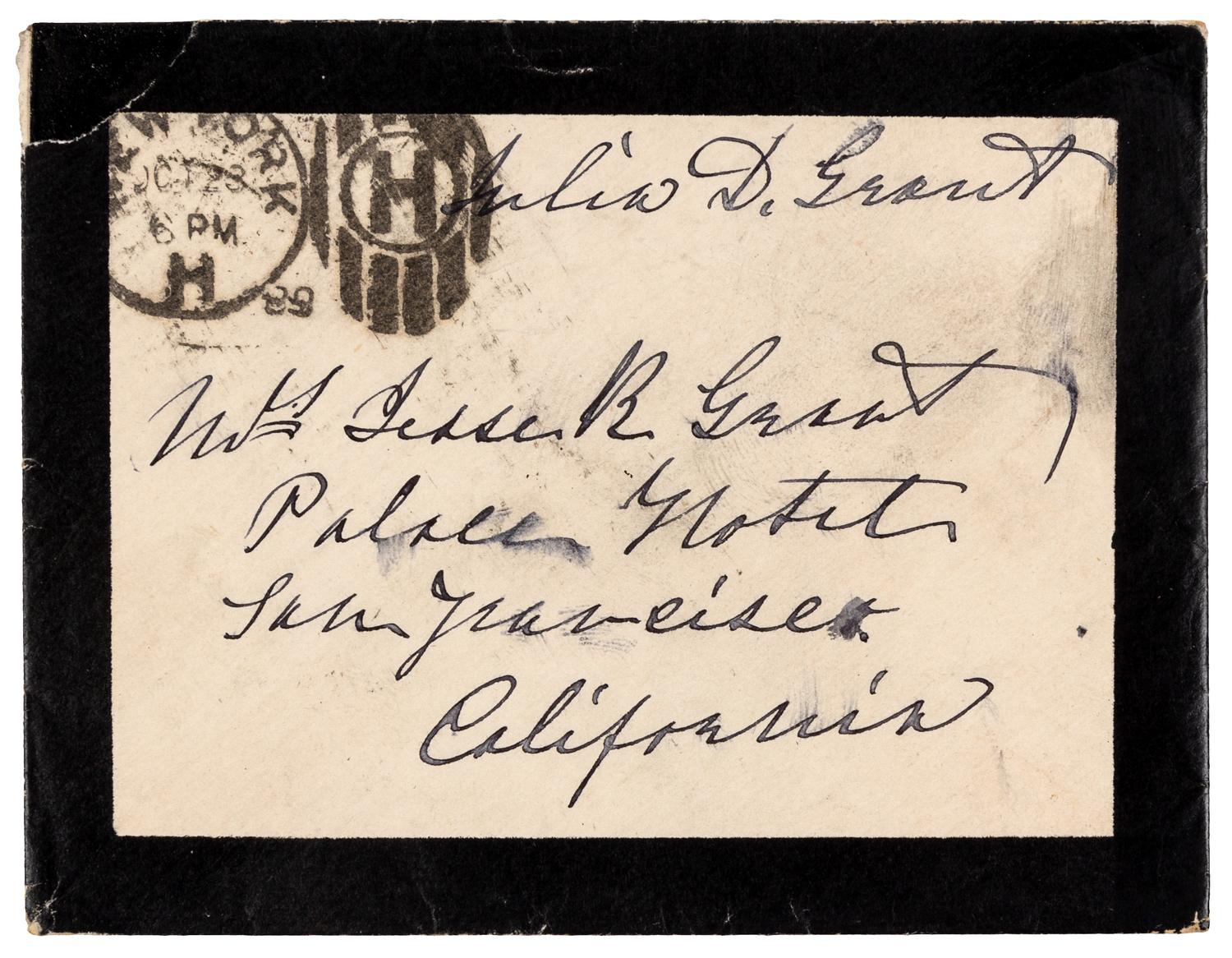 GRANT, Julia Dent (1826-1902), First Lady. Autograph free frank ("Julia D. Grant"), on black-bordered mourning cover addressed in her hand. To Mrs. Jesse R. Grant, San Francisco, CA, duplex postmark, New York Oct 23 1889.