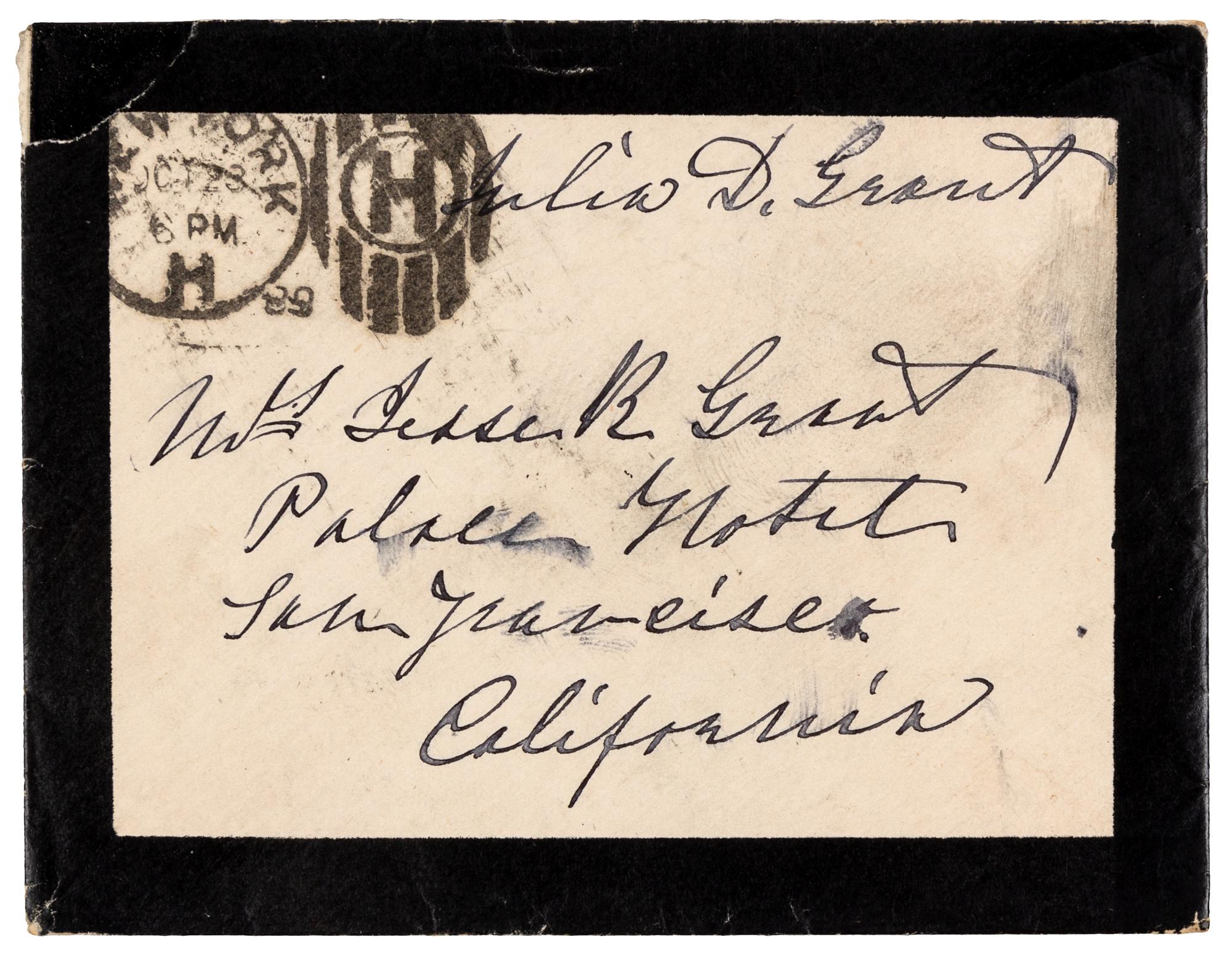 GRANT, Julia Dent (1826-1902), First Lady. Autograph free frank ("Julia D. Grant"), on black-bordered mourning cover addressed in her hand. To Mrs. Jesse R. Grant, San Francisco, CA, duplex postmark, New York Oct 23 1889.