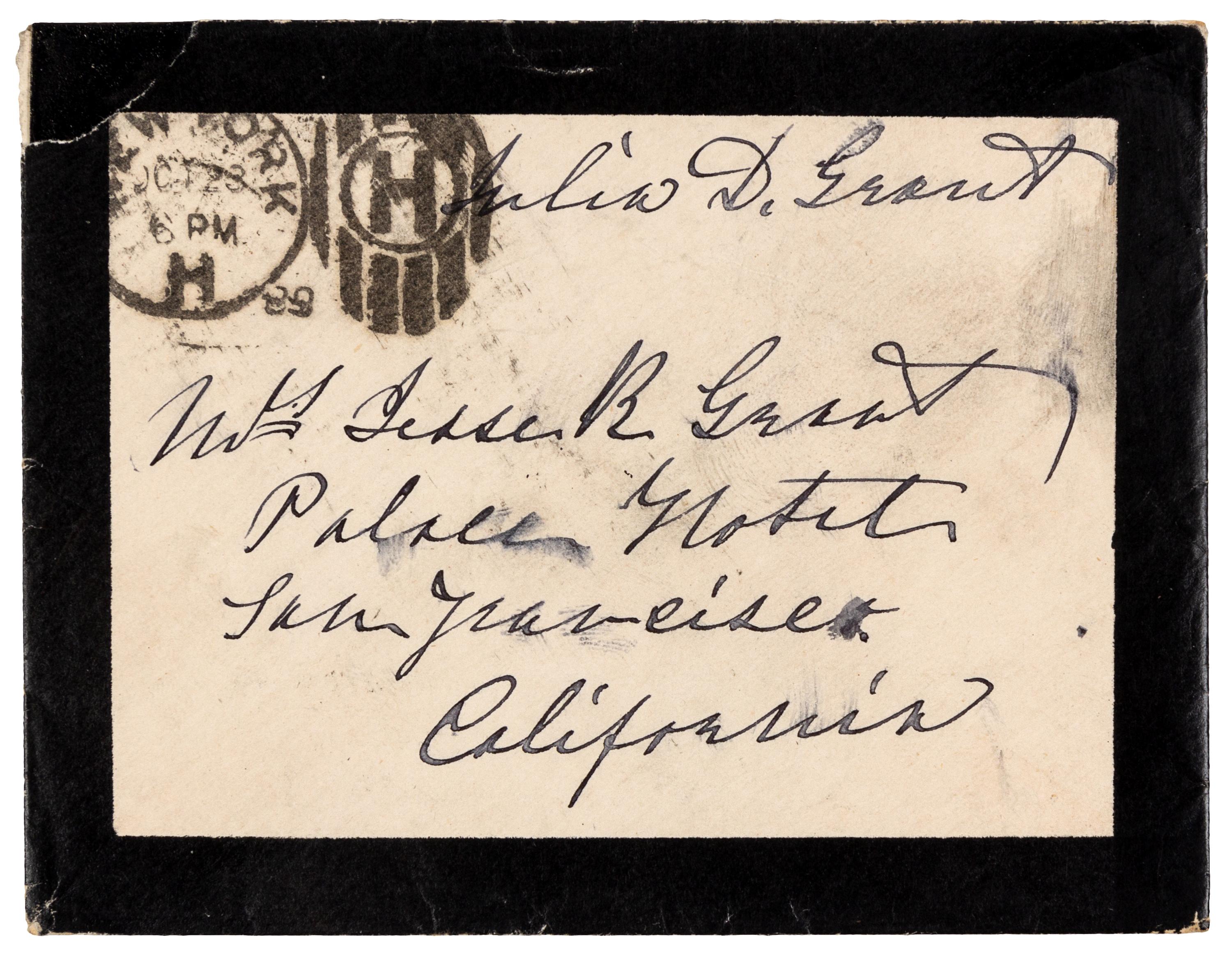 GRANT, Julia Dent (1826-1902), First Lady. Autograph free frank ("Julia D. Grant"), on black-bordered mourning cover addressed in her hand. To Mrs. Jesse R. Grant, San Francisco, CA, duplex postmark, New York Oct 23 1889.