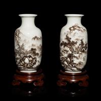 A Pair of Small Chinese Grisaille Decorated 'Landscape' Porcelain Vases, Early-Mid 20th Century — 近代 墨彩山水圖燈籠瓶一對 帶木座