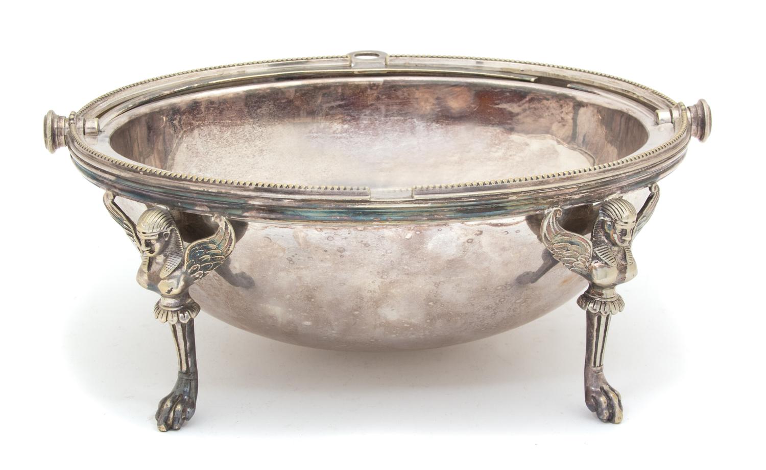 An English Silver Plate Egyptian Revival Style Bun Warmer Height 8 3/4 x length 12 1/2 inches. — 19TH CENTURY
