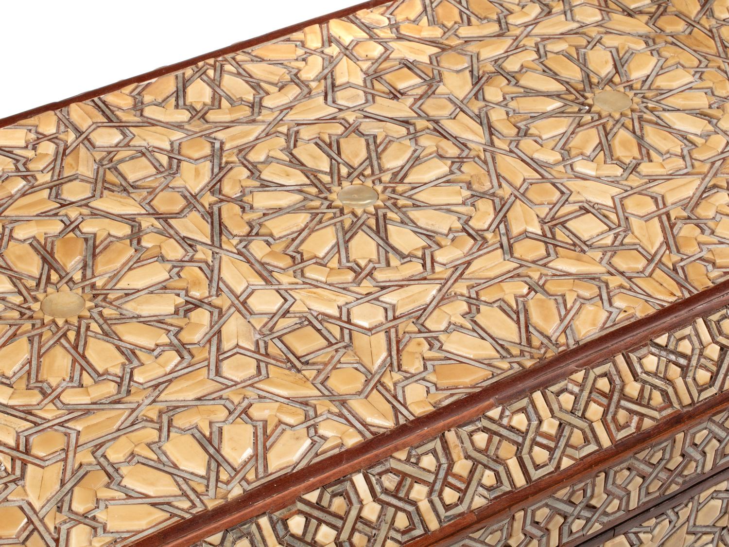 A Levantine Bone and Silvered Wood-Inlaid Lift-Top Chest