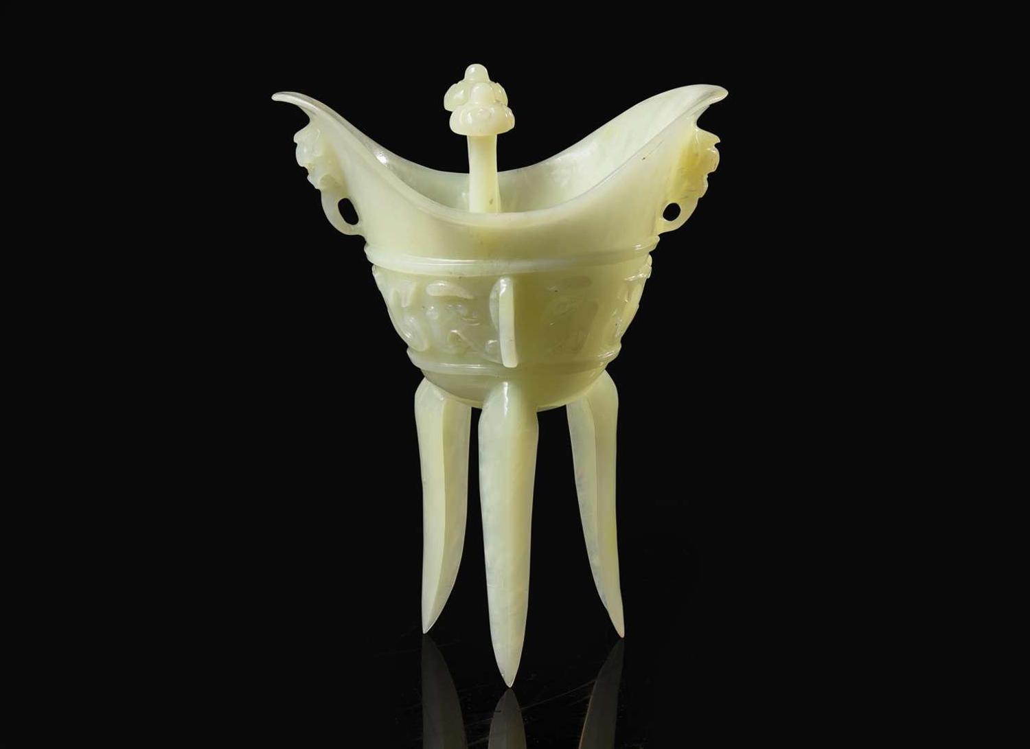 A Chinese archaistic carved hardstone libation vessel, Jue 硬石質復古爵杯