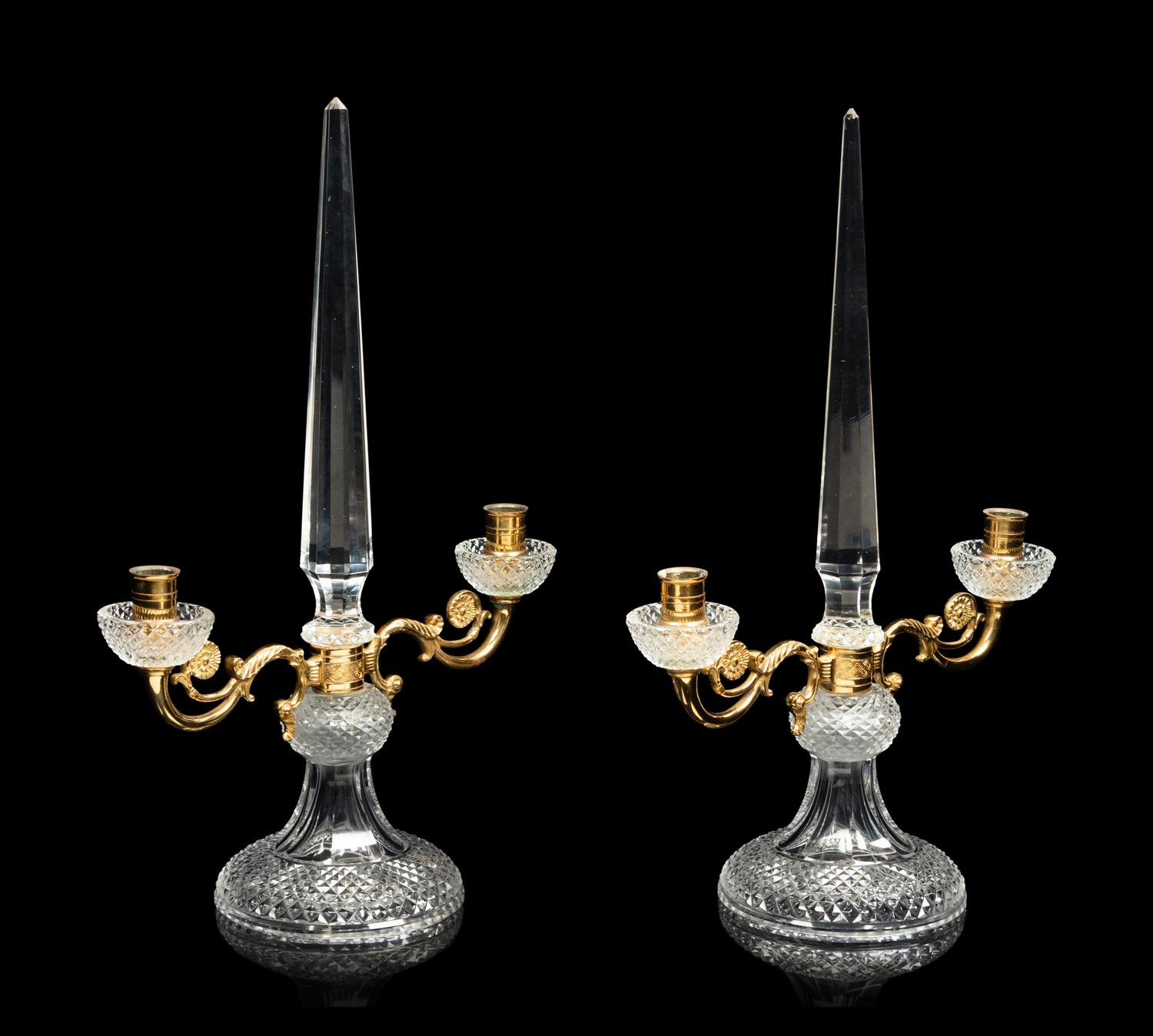 A Pair of Gilt Metal and Cut Glass Obelisk Form Two-Light Candelabra