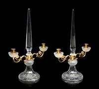 A Pair of Gilt Metal and Cut Glass Obelisk Form Two-Light Candelabra