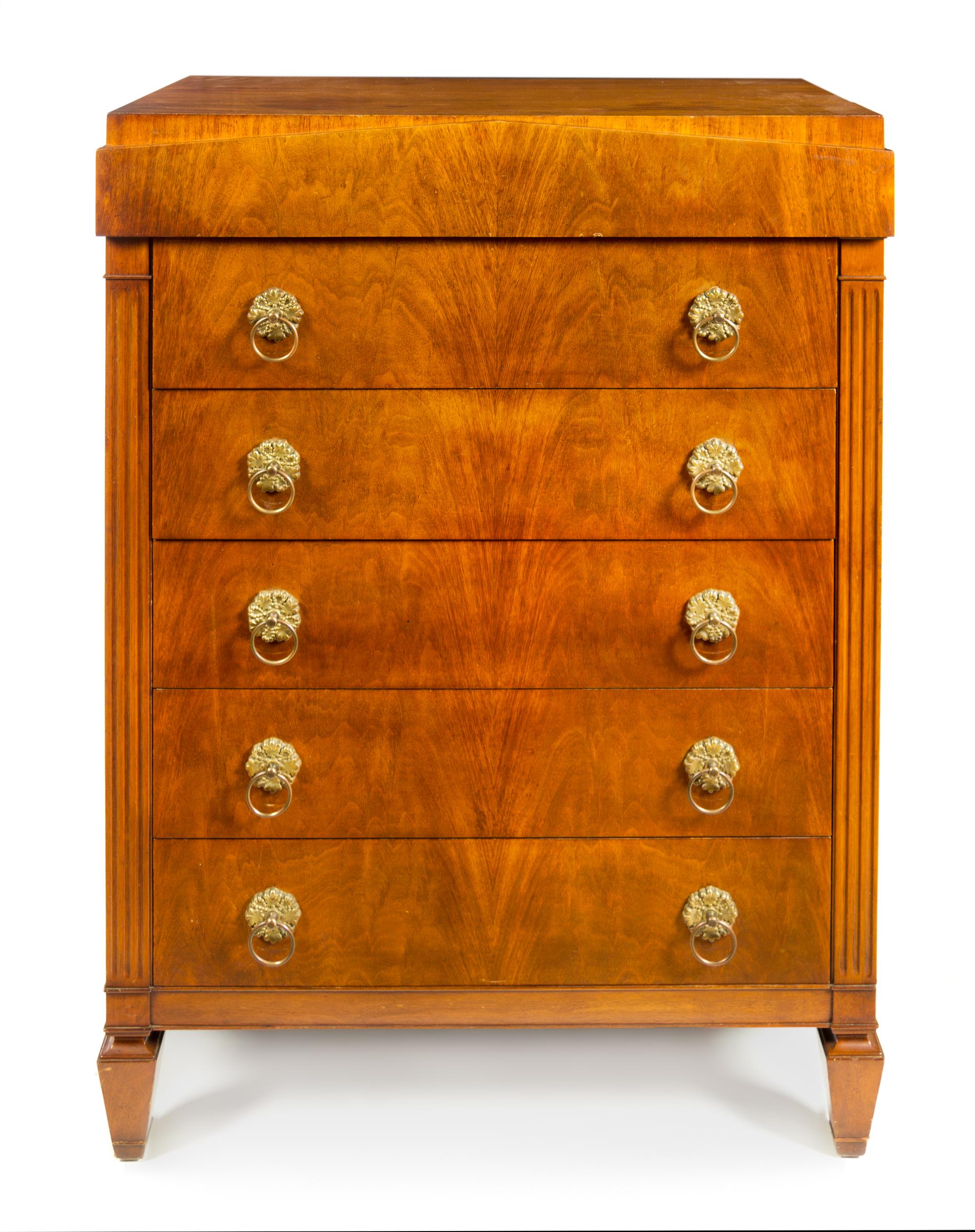 An Empire Style Mahogany Tall Chest of Drawers Height 49 1/4 x width 35 1/2 x depth 21 inches. — KAPLAN FURNITURE CO., CIRCA 1940s