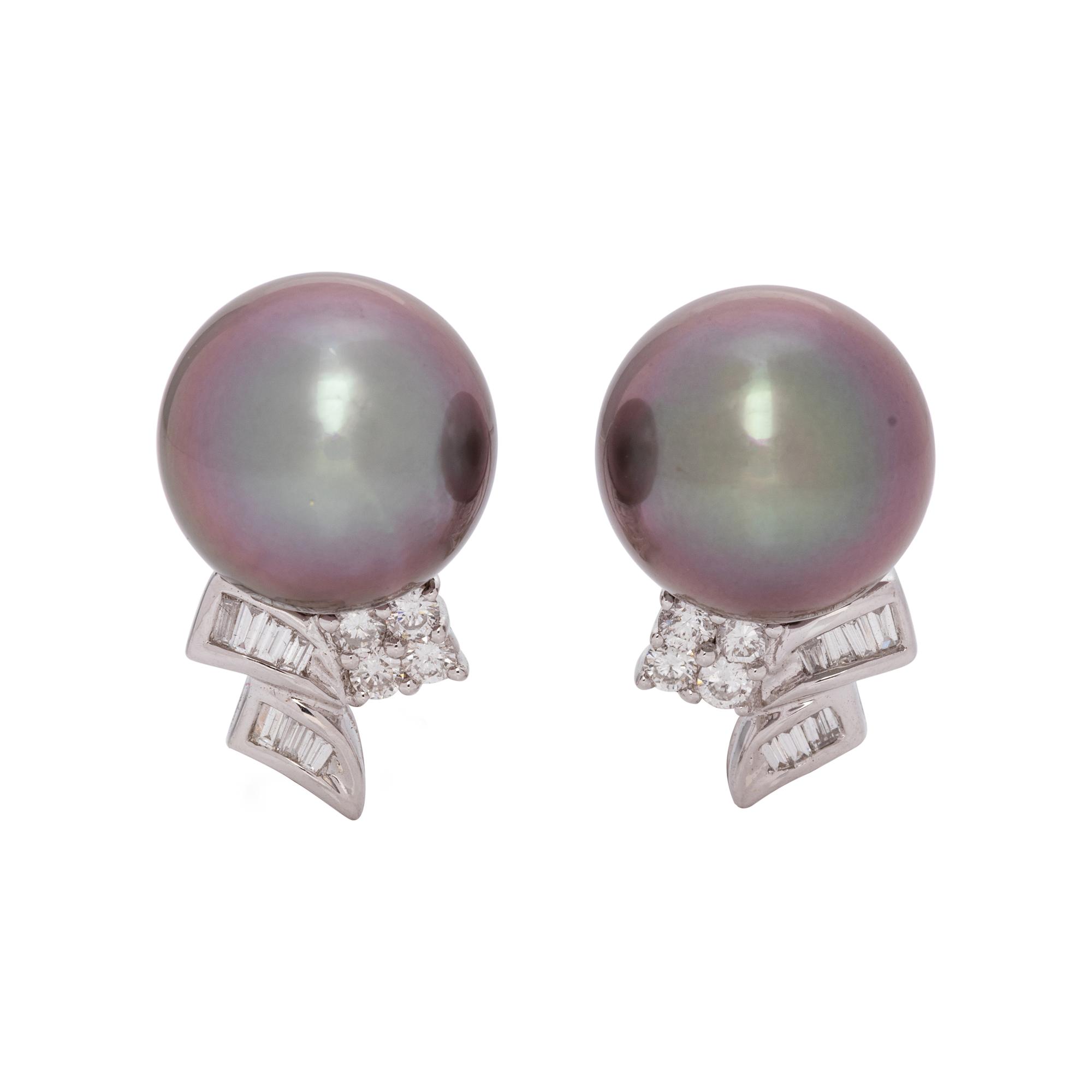 CULTURED TAHITIAN PEARL AND DIAMOND EARCLIPS