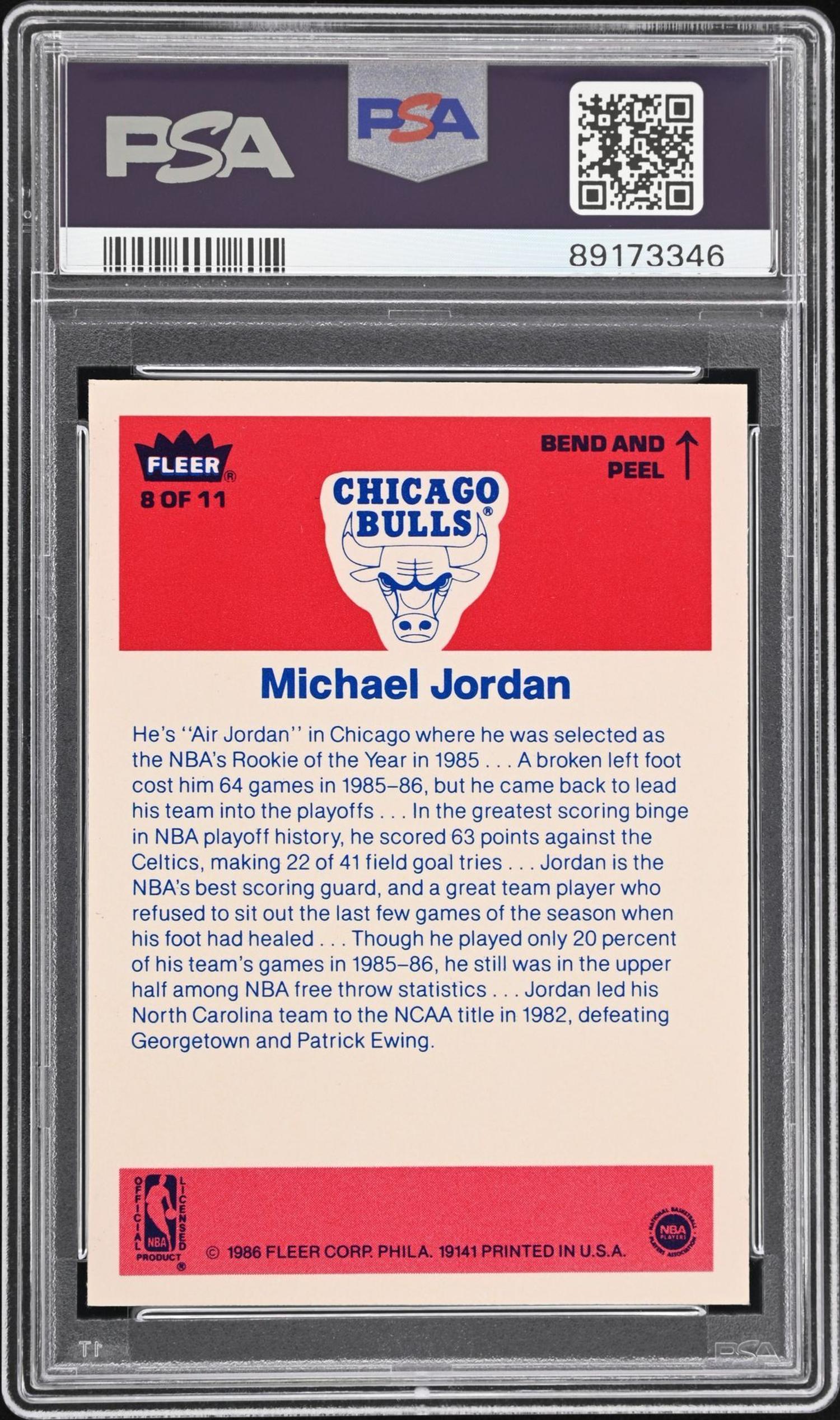A 1986-87 Fleer Michael Jordan Rookie Sticker No. 8 (PSA 8 NM-MT)
