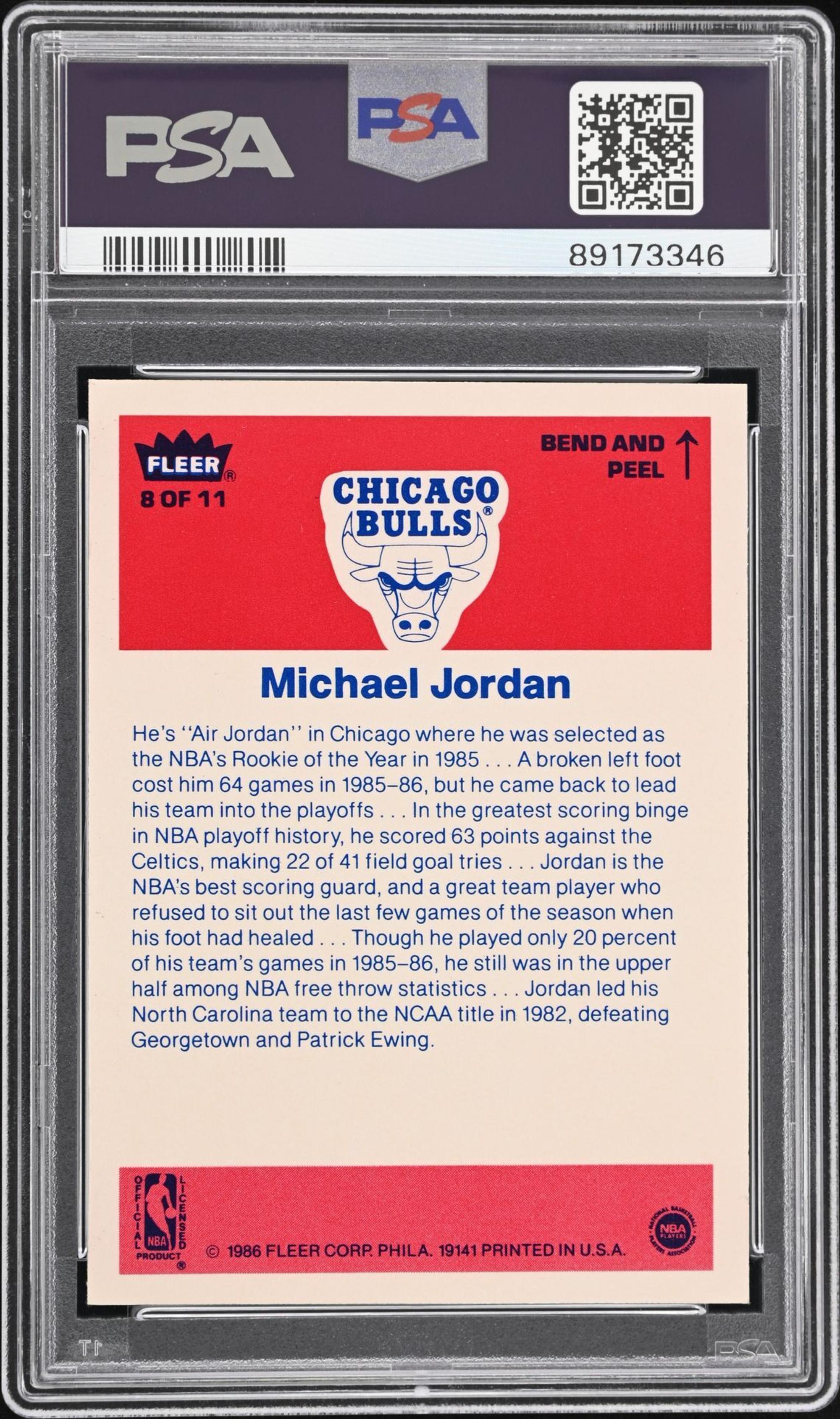 A 1986-87 Fleer Michael Jordan Rookie Sticker No. 8 (PSA 8 NM-MT)
