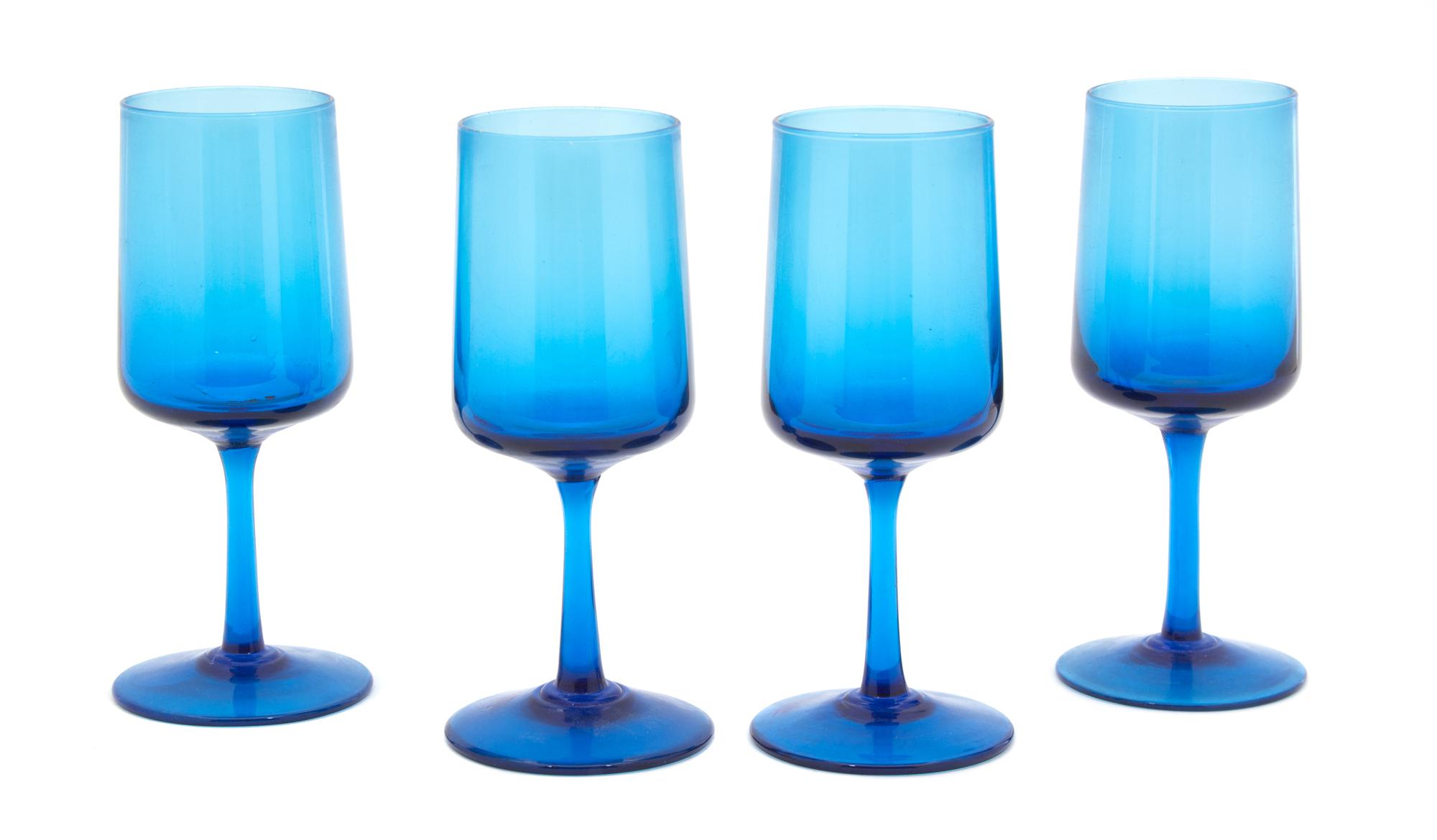 Ten Blue Handblown Glass Wines Height 6 1/4 inches. — 20TH CENTURY