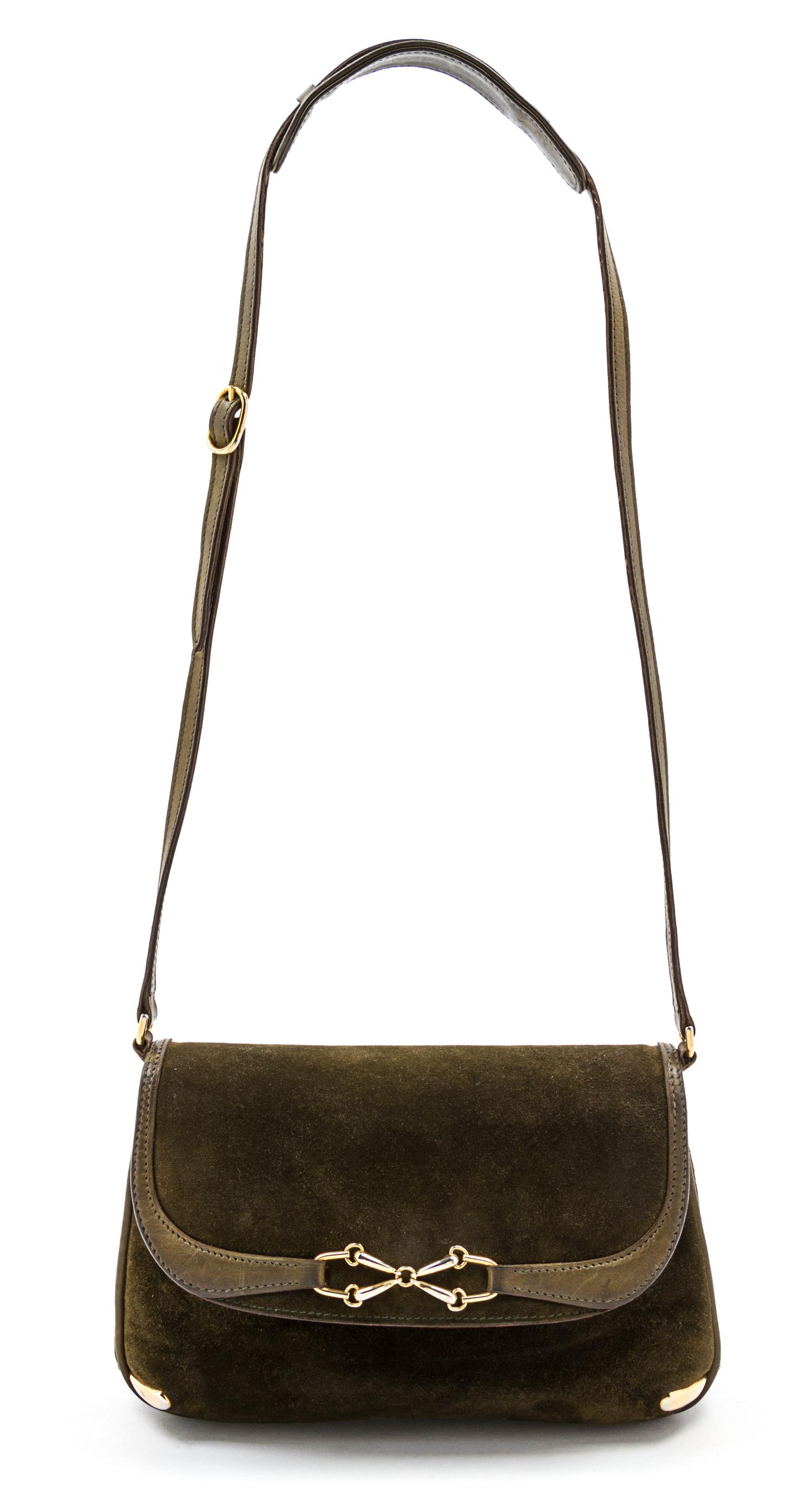 A Gucci Green Suede and Leather Trim Convertible Bag, 9 1/2 x 6 x 3 inches.