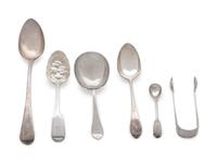 comprising: 2 berry spoons a large serving spoon a tablespoon a set of sugar tongs an egg spoon a nut scoop 7 items total.