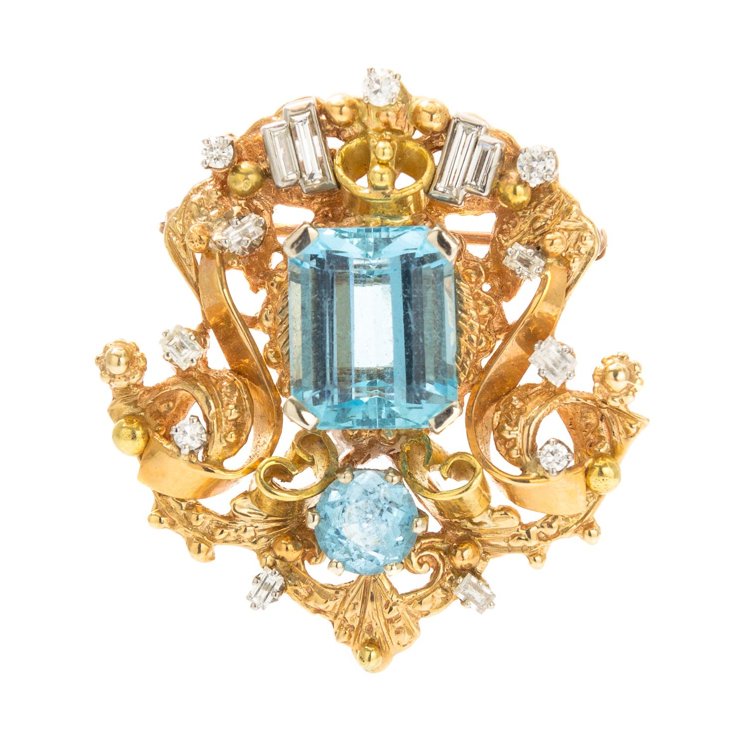 A Yellow Gold, Aquamarine, and Diamond Pendant/Brooch, 14.50 dwts.