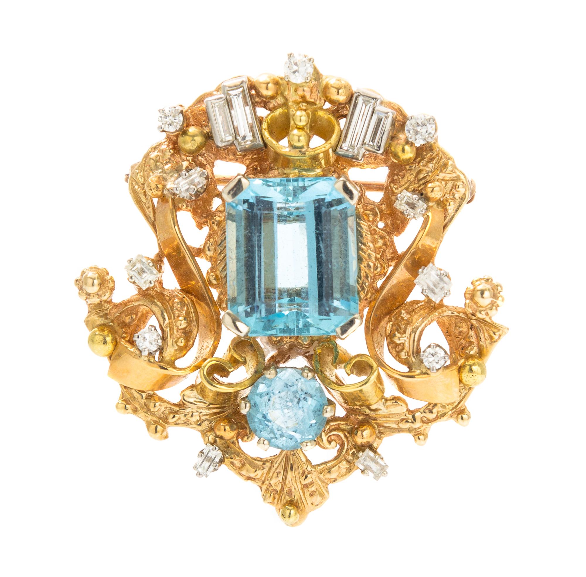 A Yellow Gold, Aquamarine, and Diamond Pendant/Brooch, 14.50 dwts.
