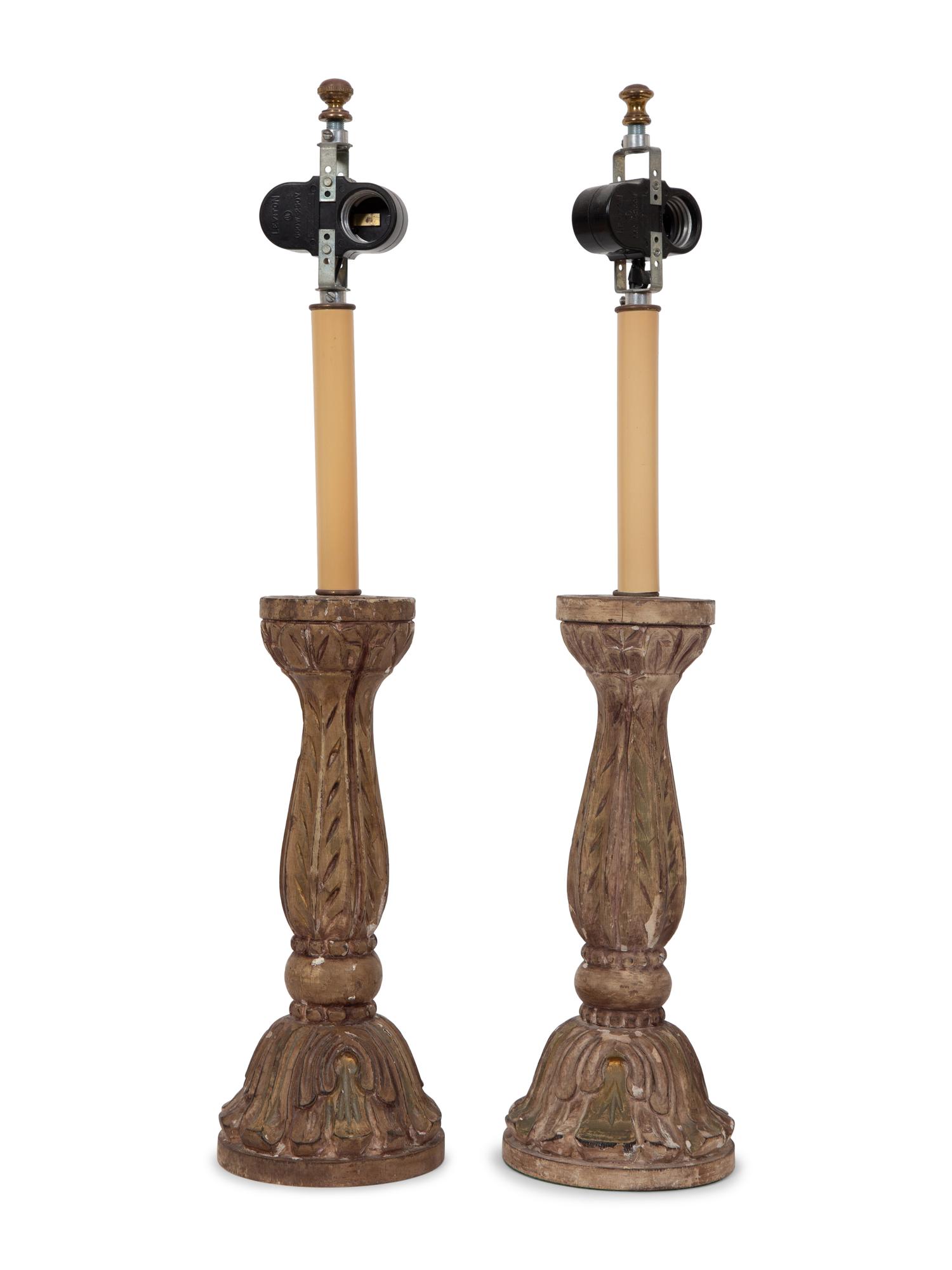 A Pair of Italian Carved Giltwood Candlesticks Mounted as Lamps