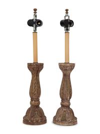 A Pair of Italian Carved Giltwood Candlesticks Mounted as Lamps