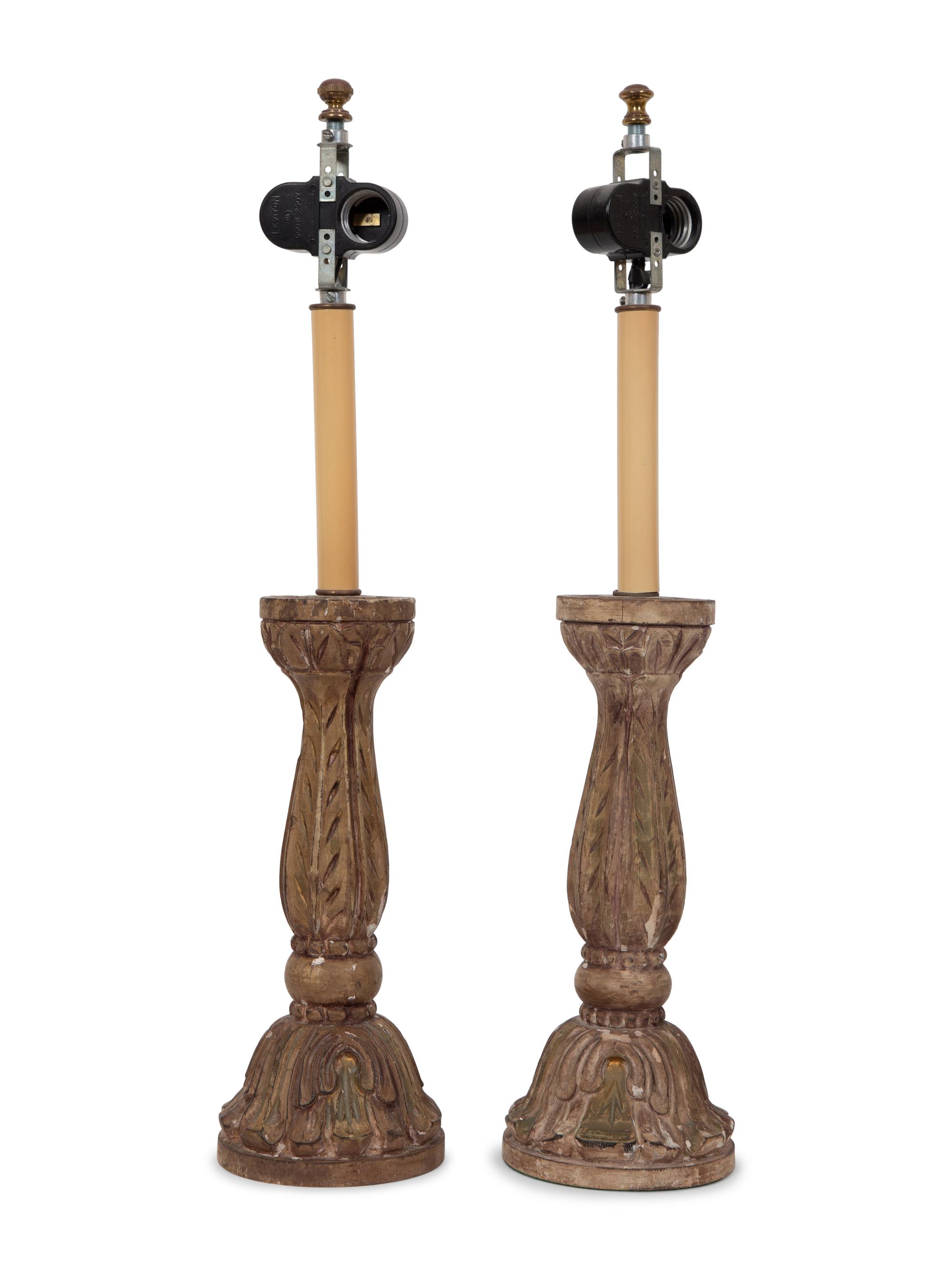 A Pair of Italian Carved Giltwood Candlesticks Mounted as Lamps