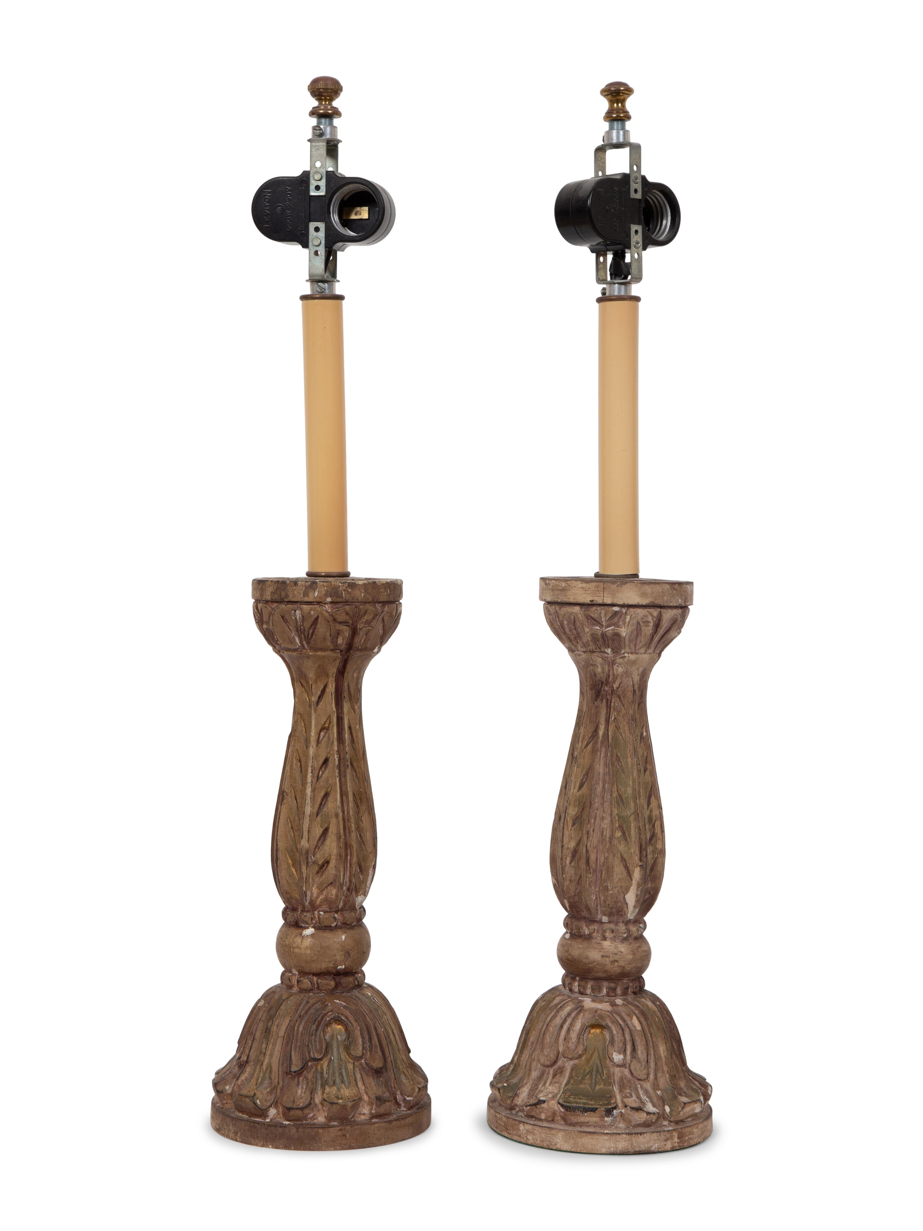 A Pair of Italian Carved Giltwood Candlesticks Mounted as Lamps