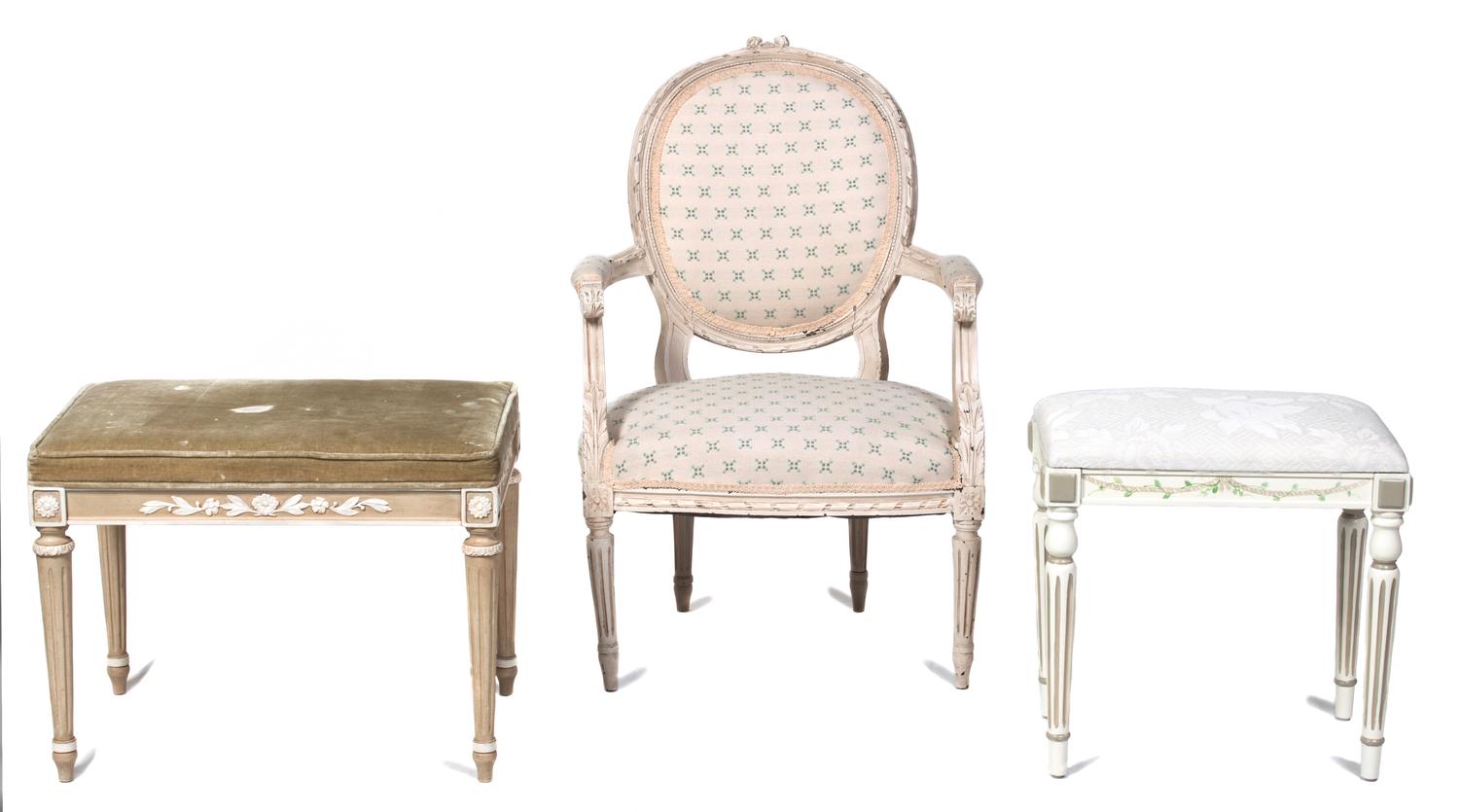 A Group of Louis XVI Style Painted Furniture Height of fauteuil 35 inches. — 20TH CENTURY