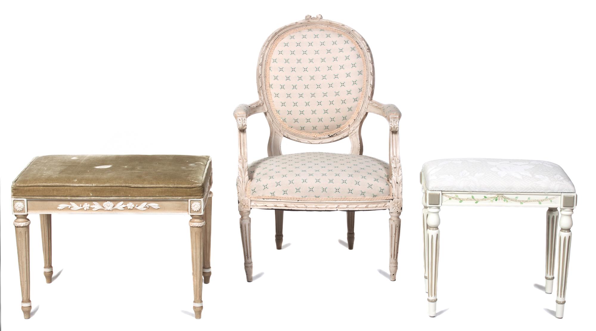 A Group of Louis XVI Style Painted Furniture Height of fauteuil 35 inches. — 20TH CENTURY