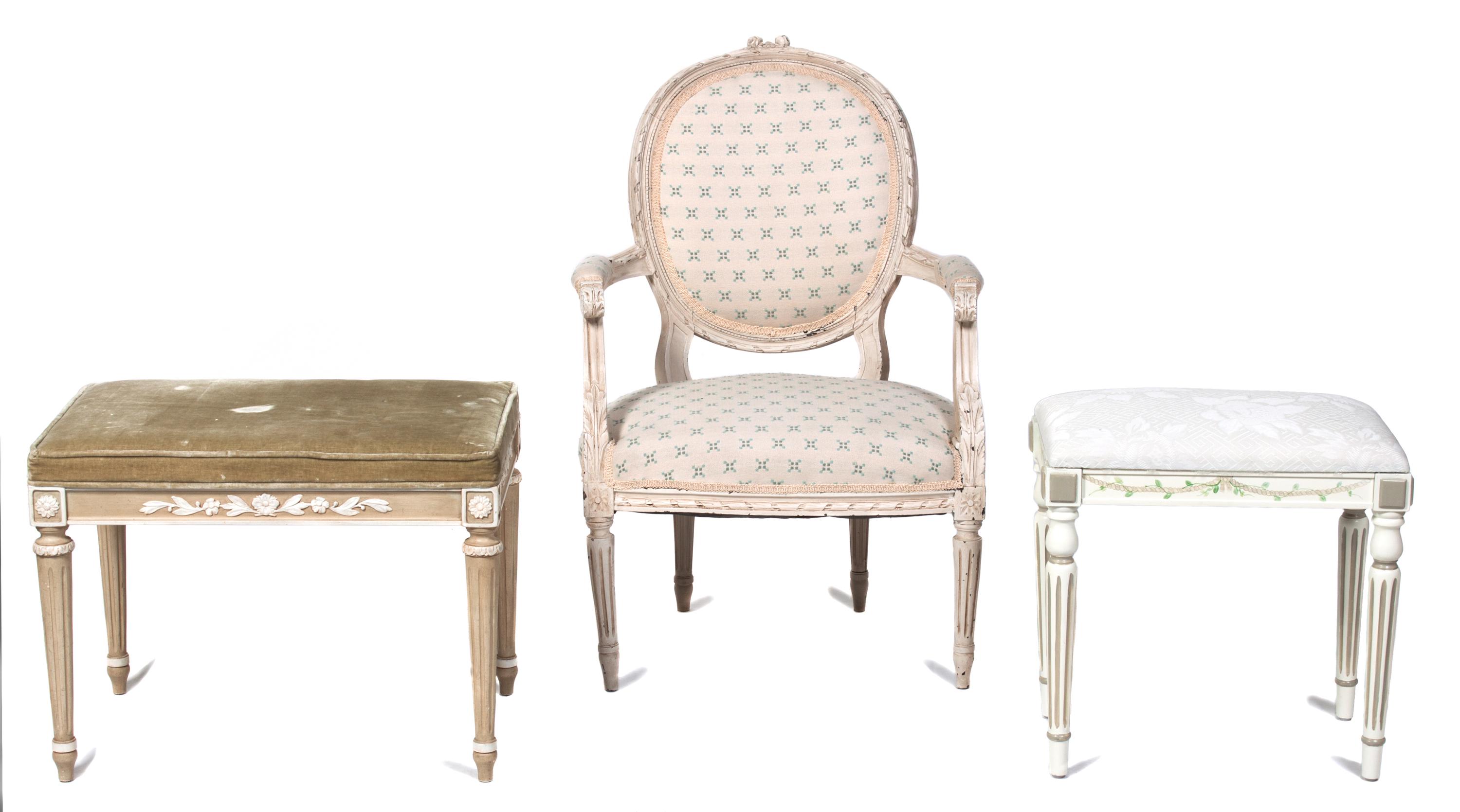A Group of Louis XVI Style Painted Furniture Height of fauteuil 35 inches. — 20TH CENTURY