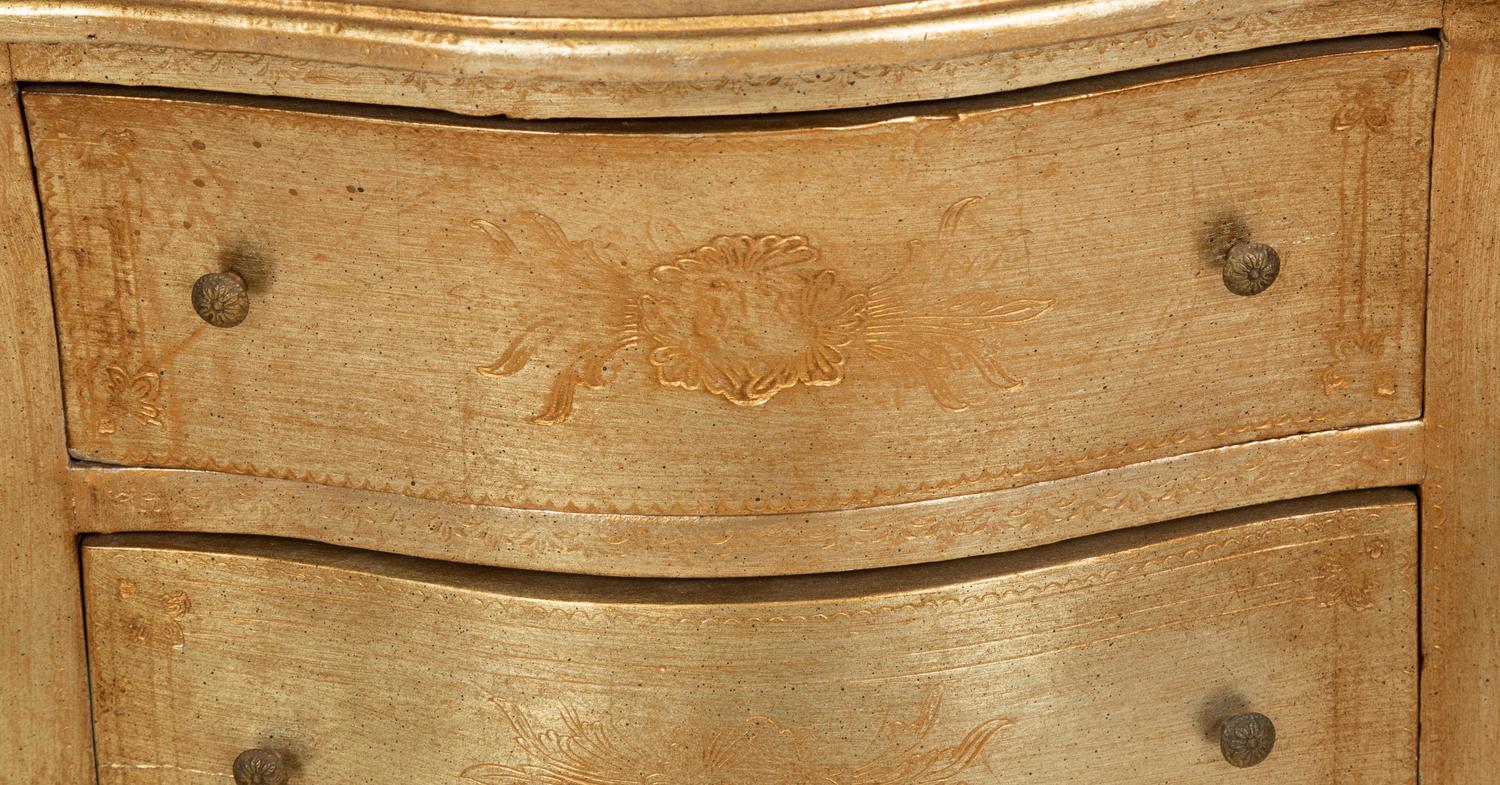 A Silvered Wood Vitrine Cabinet on Three Drawer Bombe Commode Base
