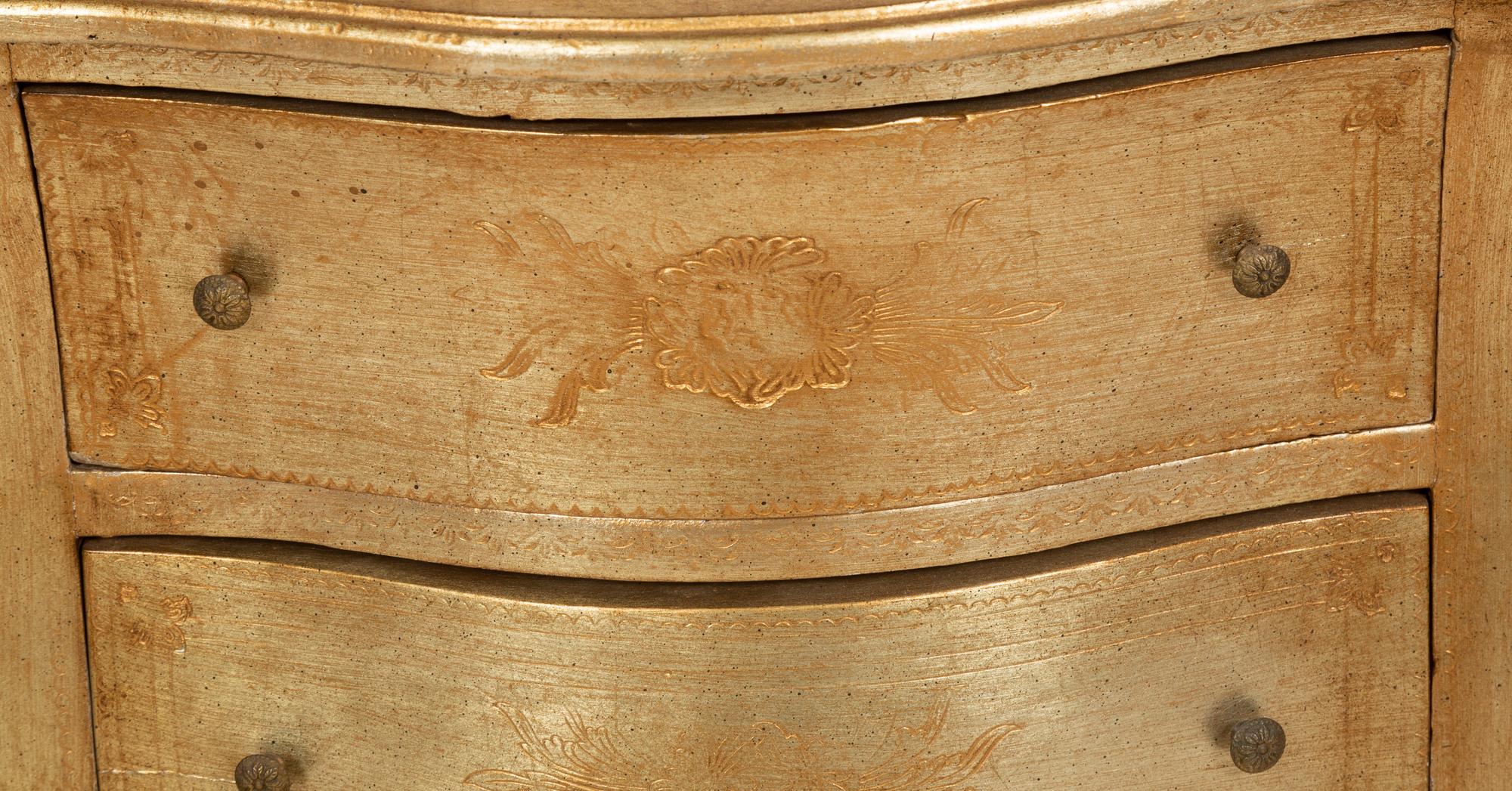 A Silvered Wood Vitrine Cabinet on Three Drawer Bombe Commode Base