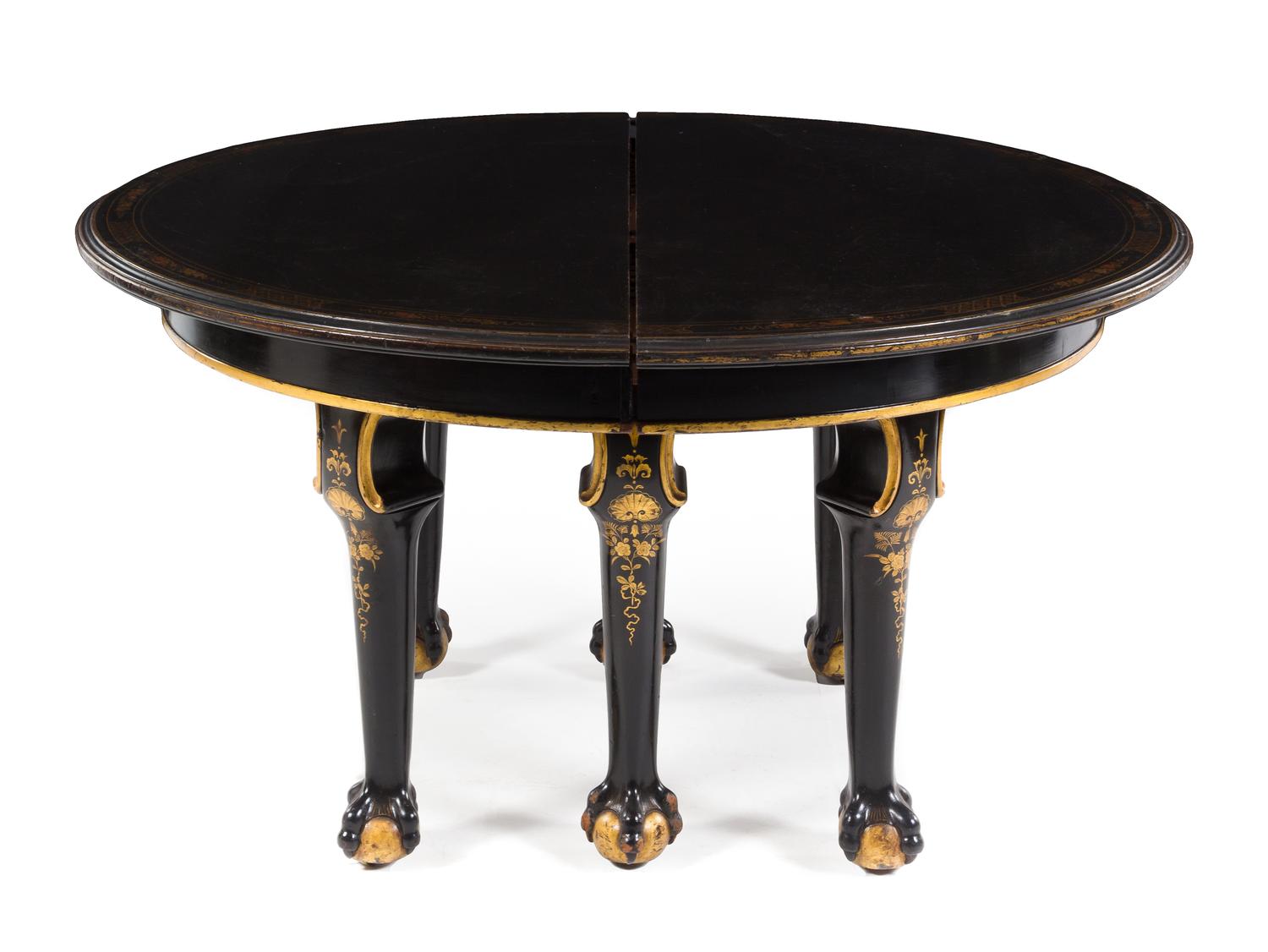 An Irish Painted and Parcel Gilt Extension Dining Table Height 29 3/4 x diameter of top 57 inches (closed). — 19TH CENTURY