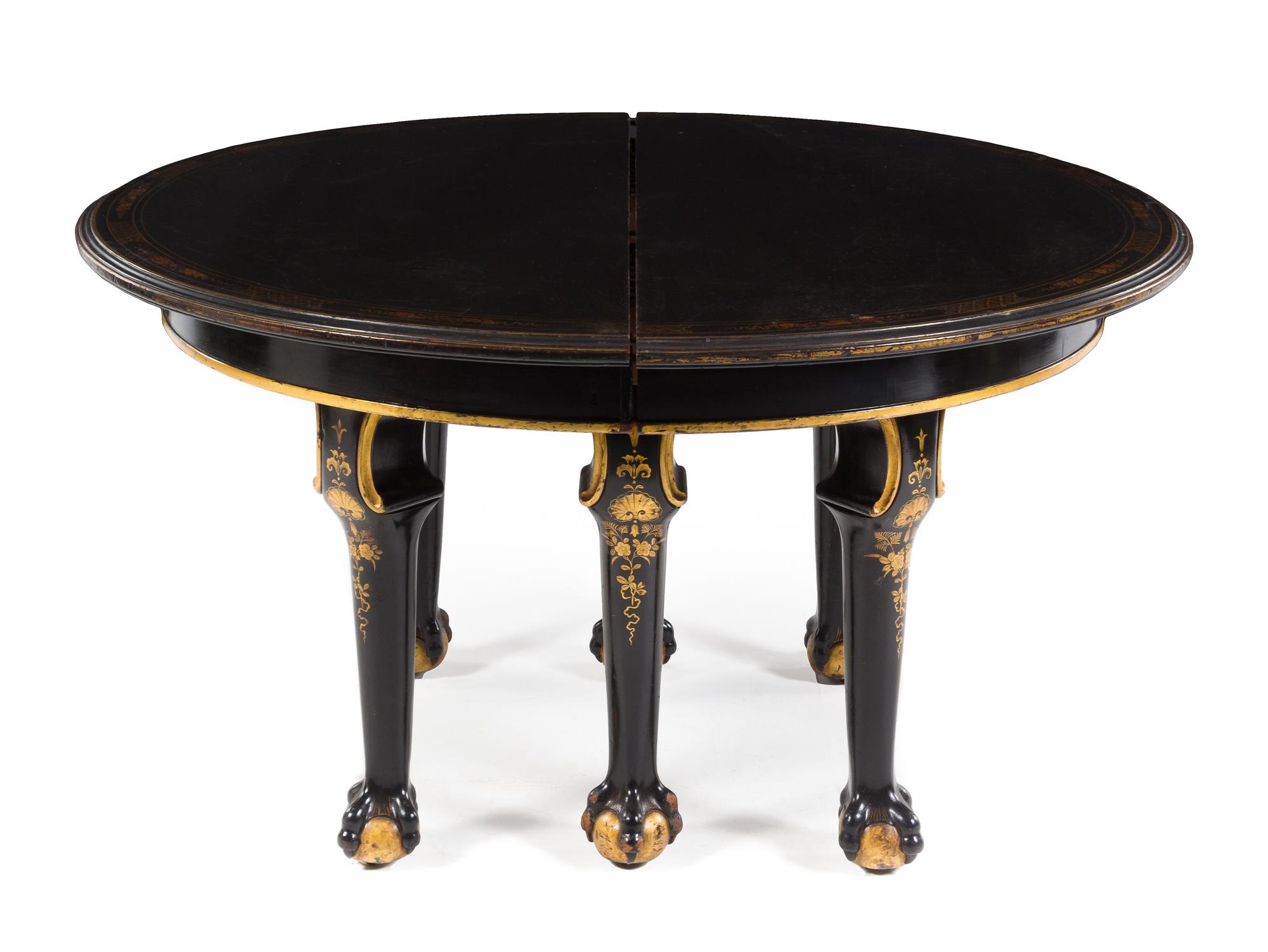 An Irish Painted and Parcel Gilt Extension Dining Table Height 29 3/4 x diameter of top 57 inches (closed). — 19TH CENTURY