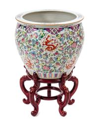 A Chinese Porcelain Fish Bowl Height of fish bowl 18 inches. — 20TH CENTURY