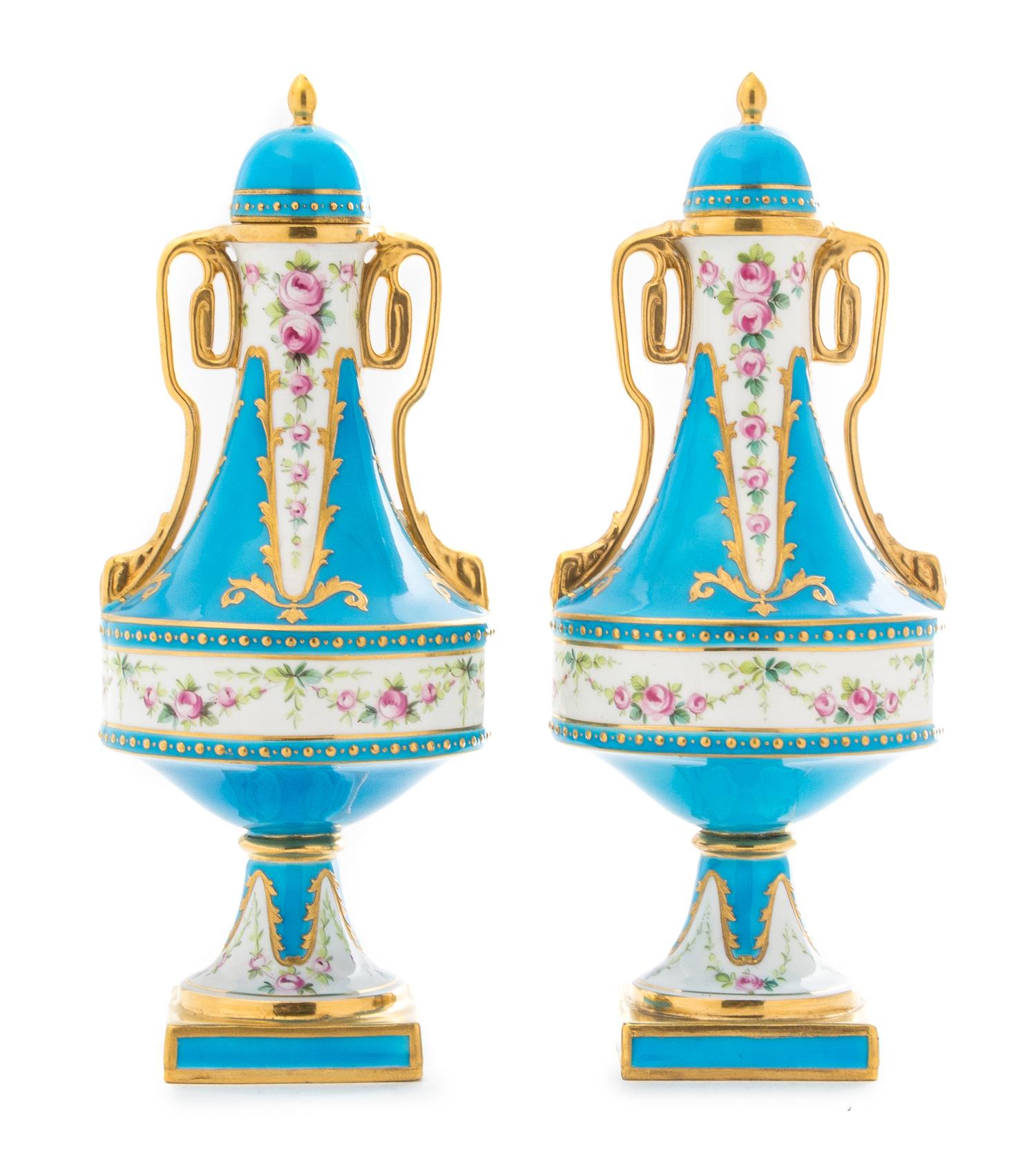 A Pair of Minton Porcelain Covered Urns Height 8 3/4 inches. — 19TH CENTURY