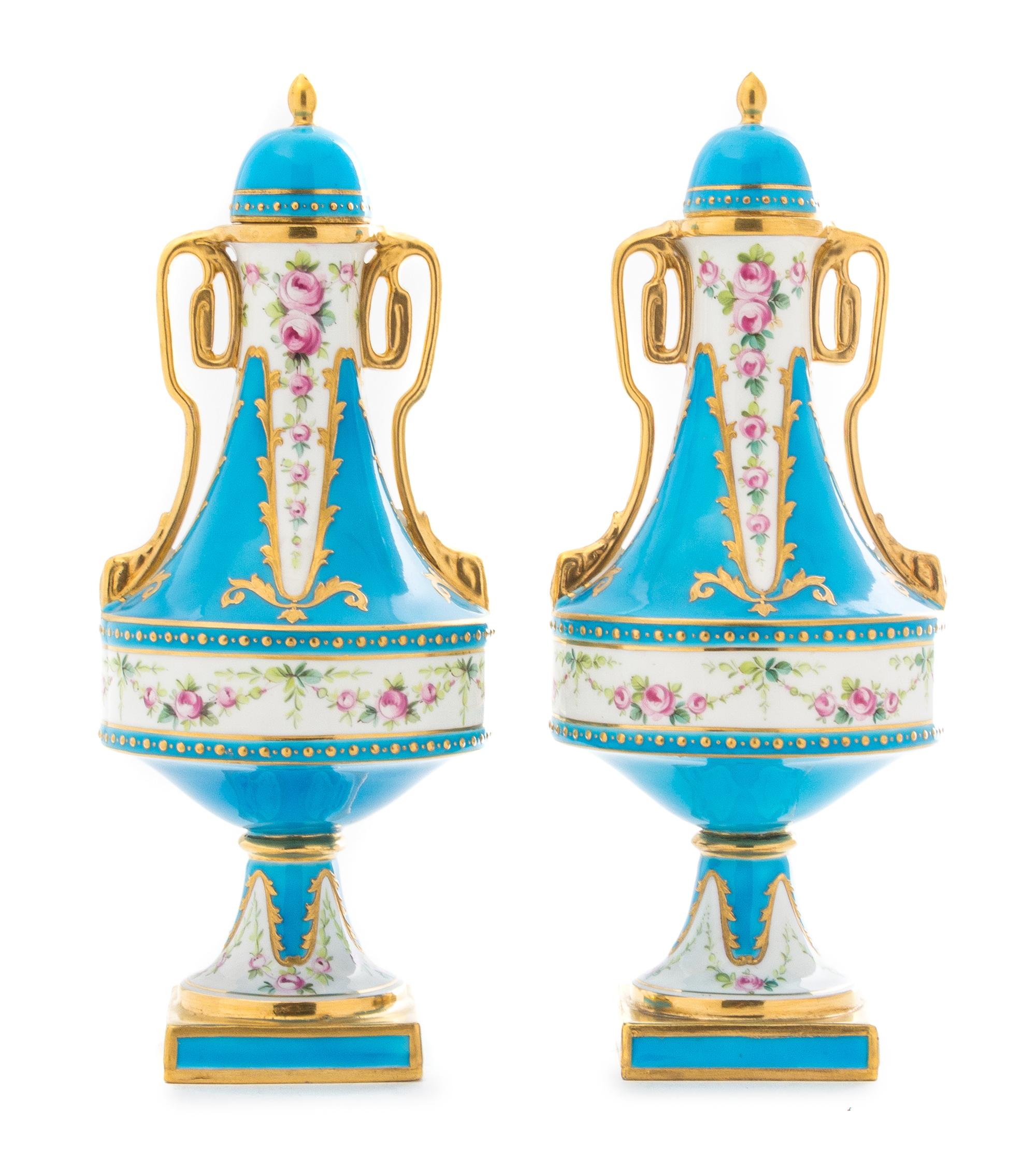 A Pair of Minton Porcelain Covered Urns Height 8 3/4 inches. — 19TH CENTURY