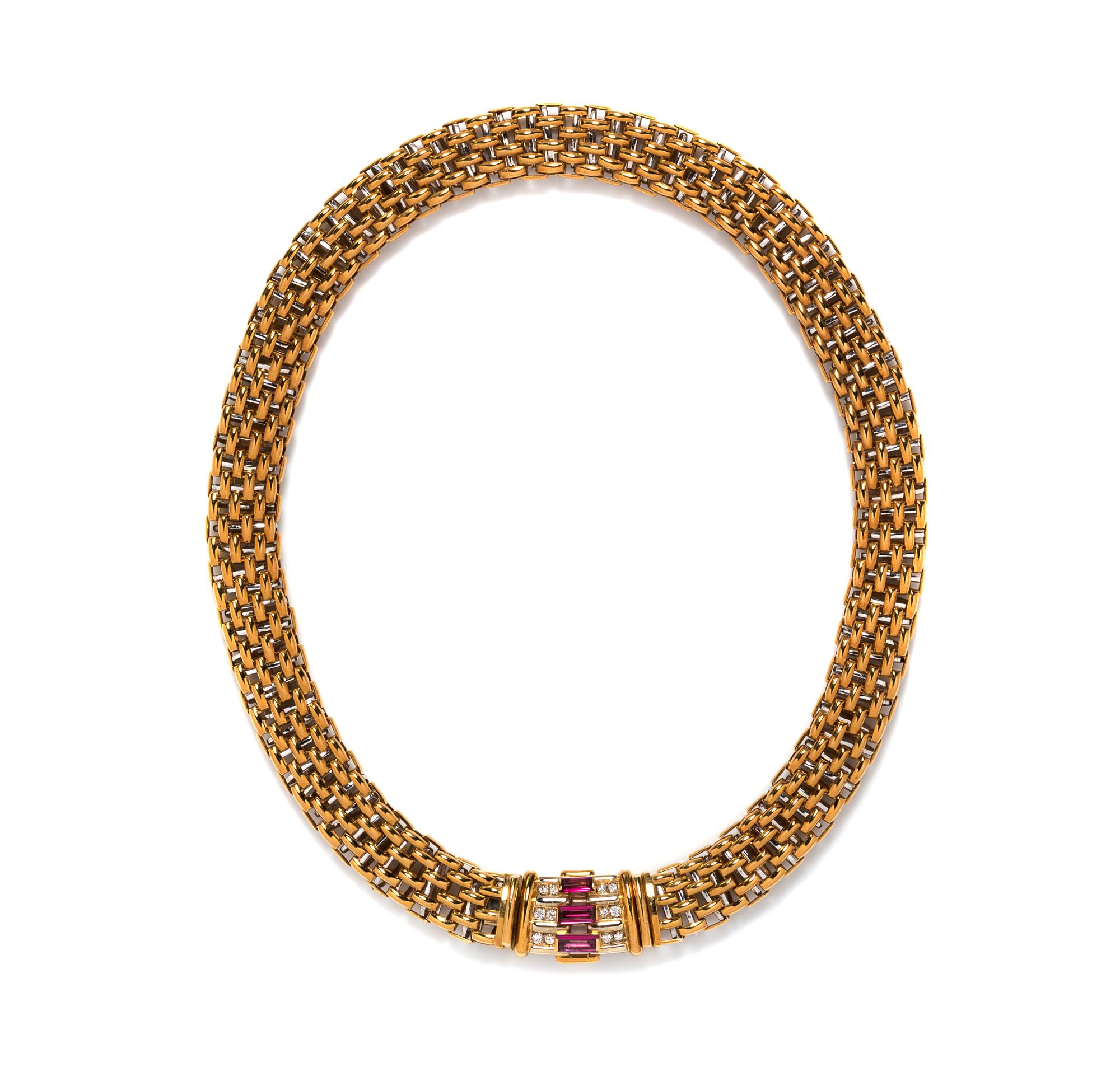 An 18 Karat Two Tone Gold, Tourmaline and Diamond Mesh Link Necklace, 80.60 dwts.