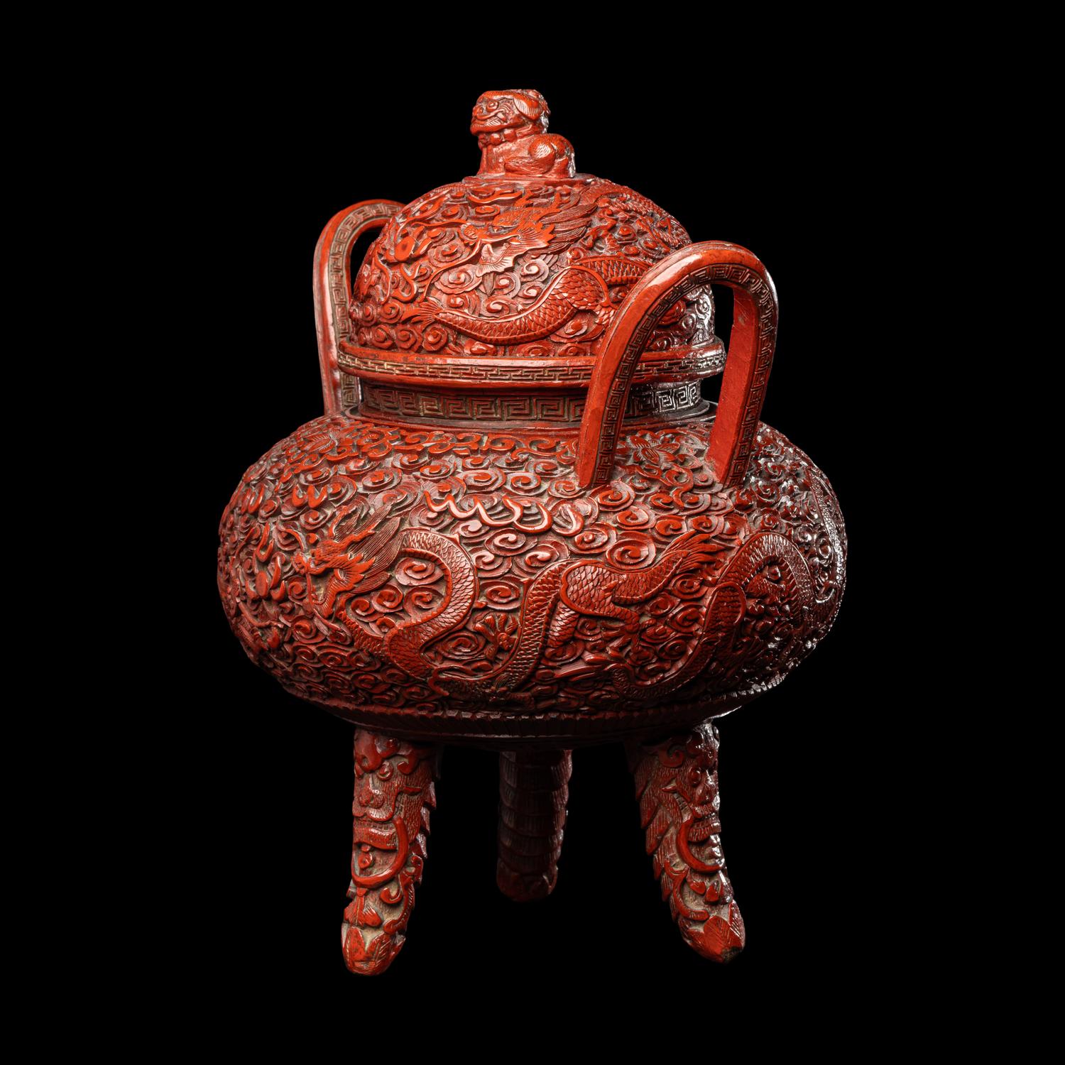 A Chinese Cinnabar Lacquer on Metal Covered Ding Vessel, Late Qing/Republic Period 晚清/民國 銅胎剔紅龍紋鼎