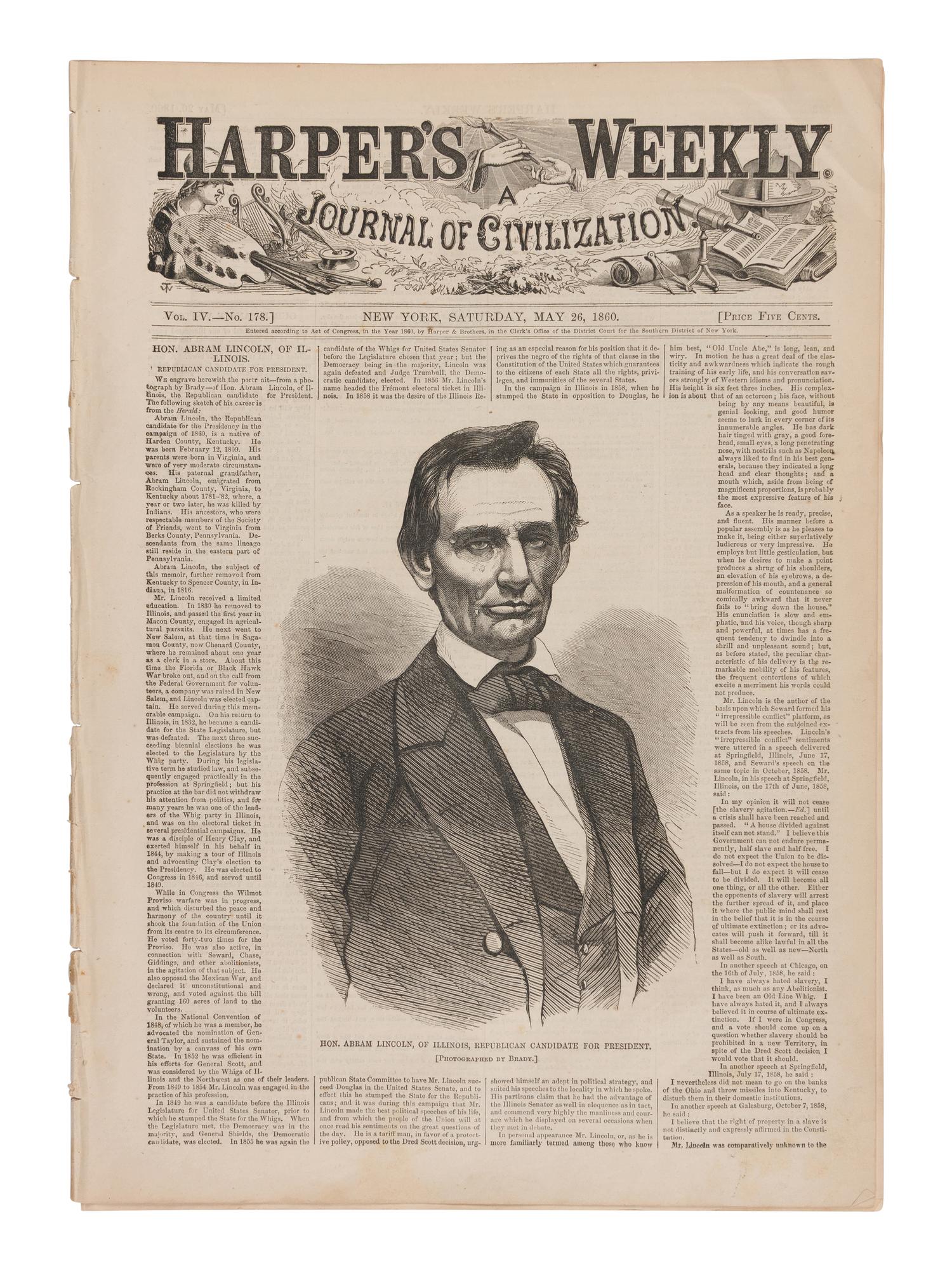 [LINCOLN-HAMLIN CAMPAIGN]. A pair of Harper's Weekly issues profiling Abraham Lincoln, comprising: 26 May and 10 November, 1860.
