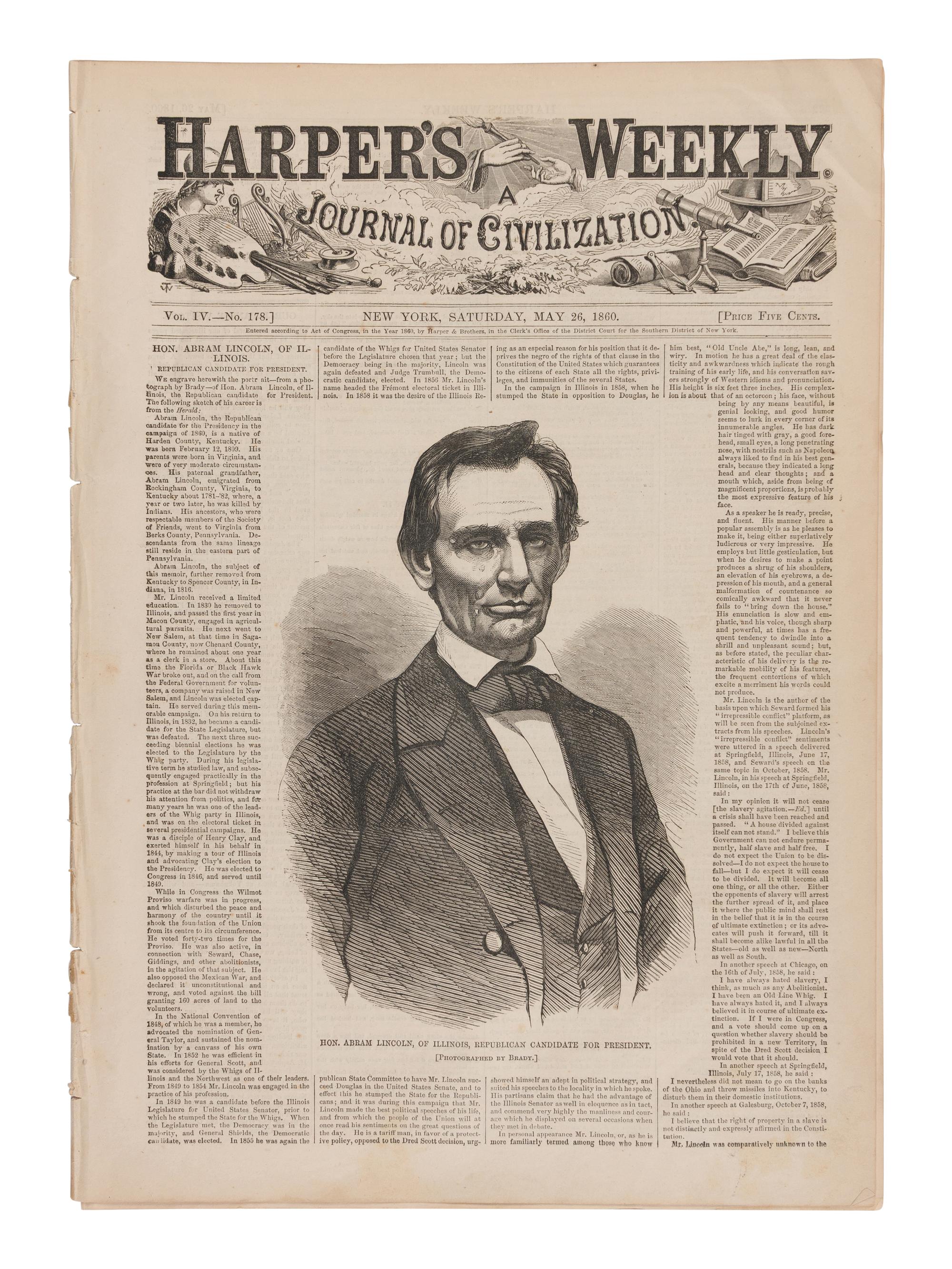[LINCOLN-HAMLIN CAMPAIGN]. A pair of Harper's Weekly issues profiling Abraham Lincoln, comprising: 26 May and 10 November, 1860.