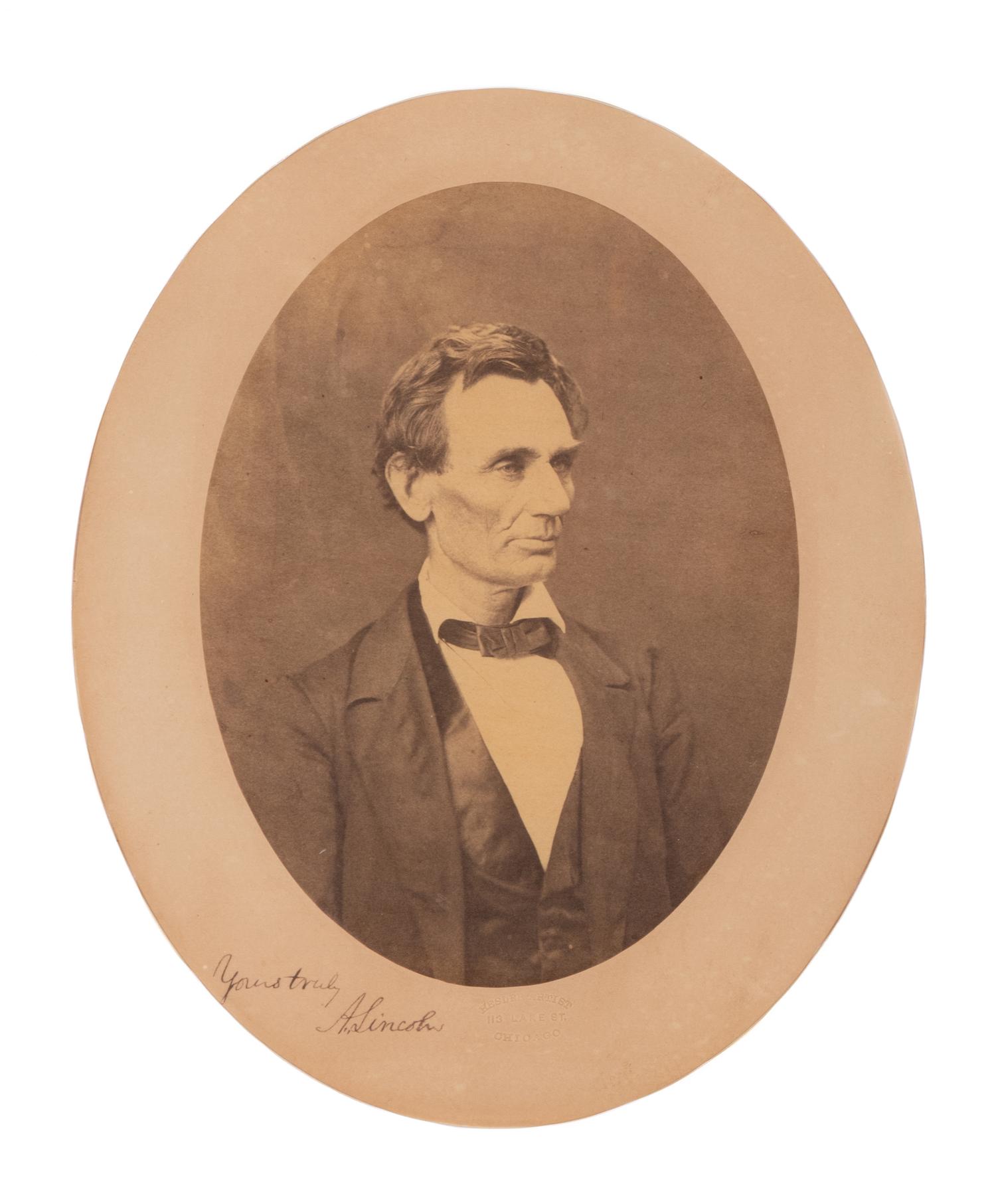 [LINCOLN-HAMLIN CAMPAIGN]. HESLER, Alexander (1823-1895), photographer. An oval bust portrait signed ("A. Lincoln"), ca. 3 June 1860.