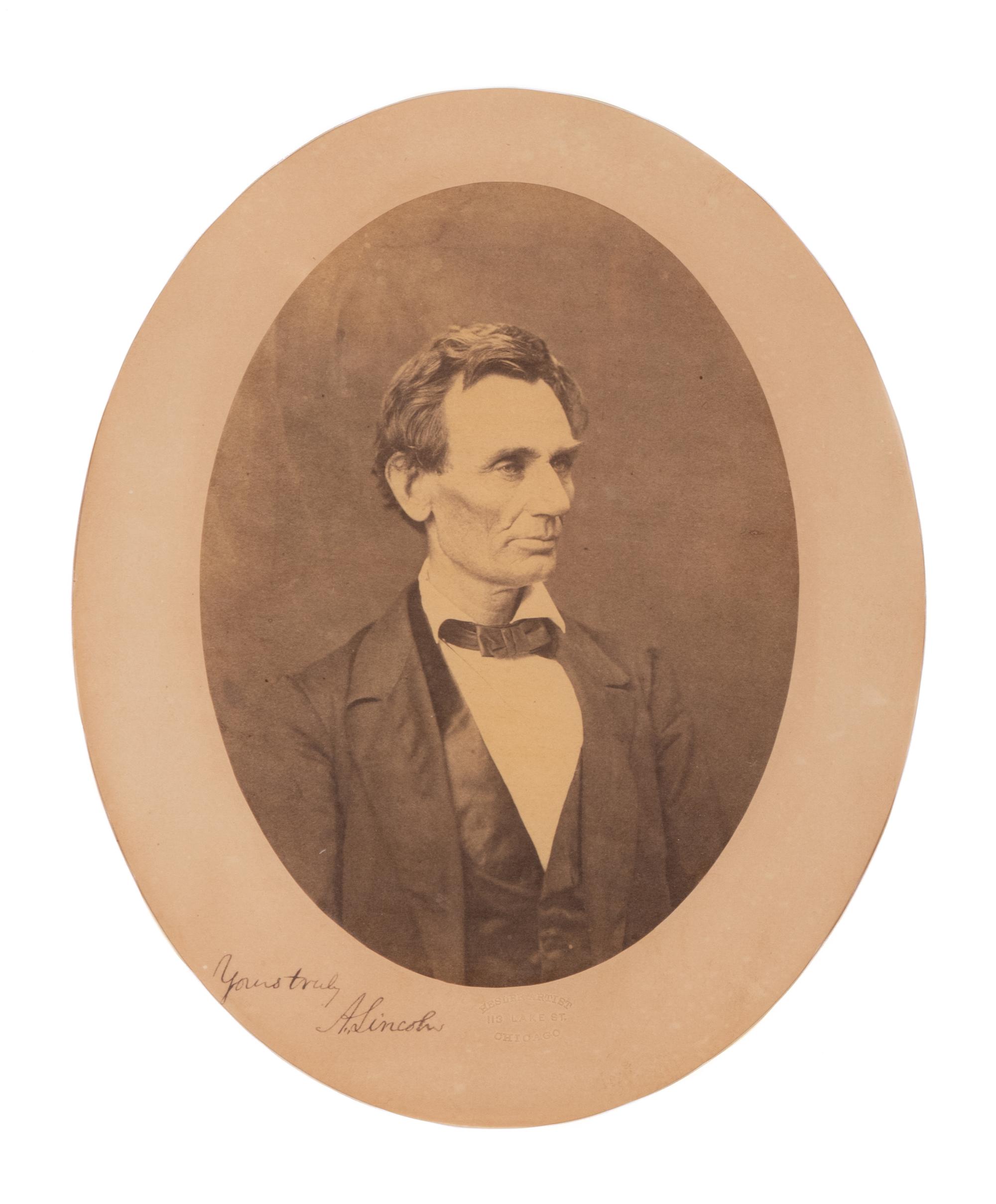 [LINCOLN-HAMLIN CAMPAIGN]. HESLER, Alexander (1823-1895), photographer. An oval bust portrait signed ("A. Lincoln"), ca. 3 June 1860.