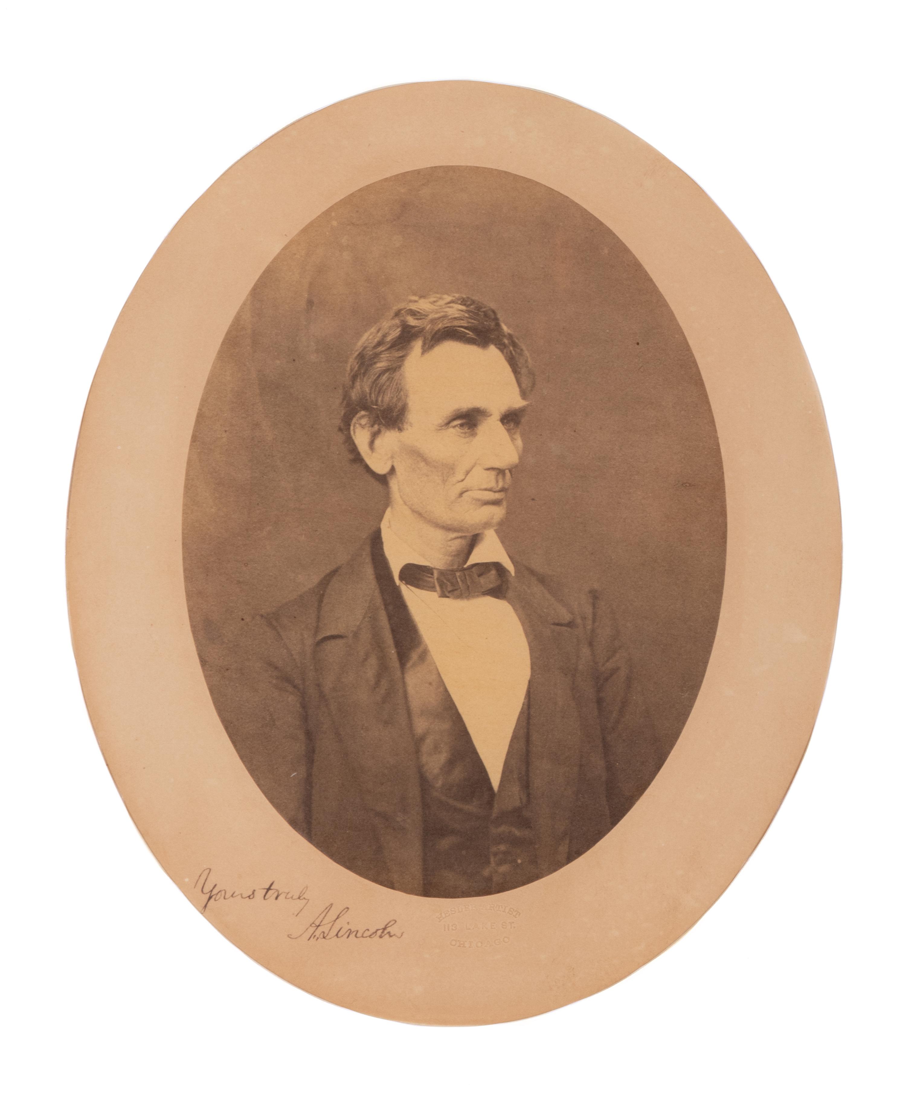 [LINCOLN-HAMLIN CAMPAIGN]. HESLER, Alexander (1823-1895), photographer. An oval bust portrait signed ("A. Lincoln"), ca. 3 June 1860.