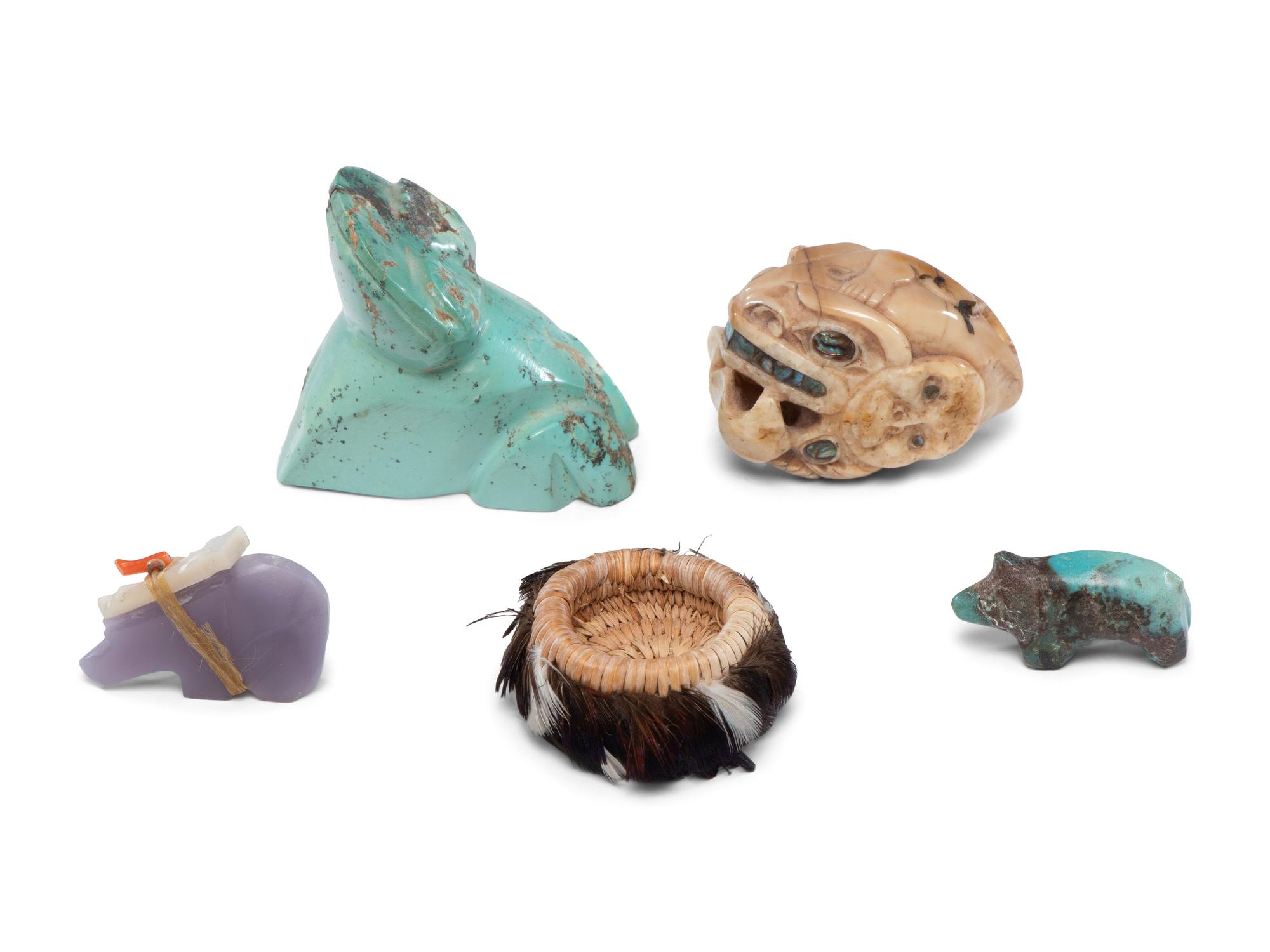 Turquoise Fetishes, Miniature Pomo Basket, and Netsuke