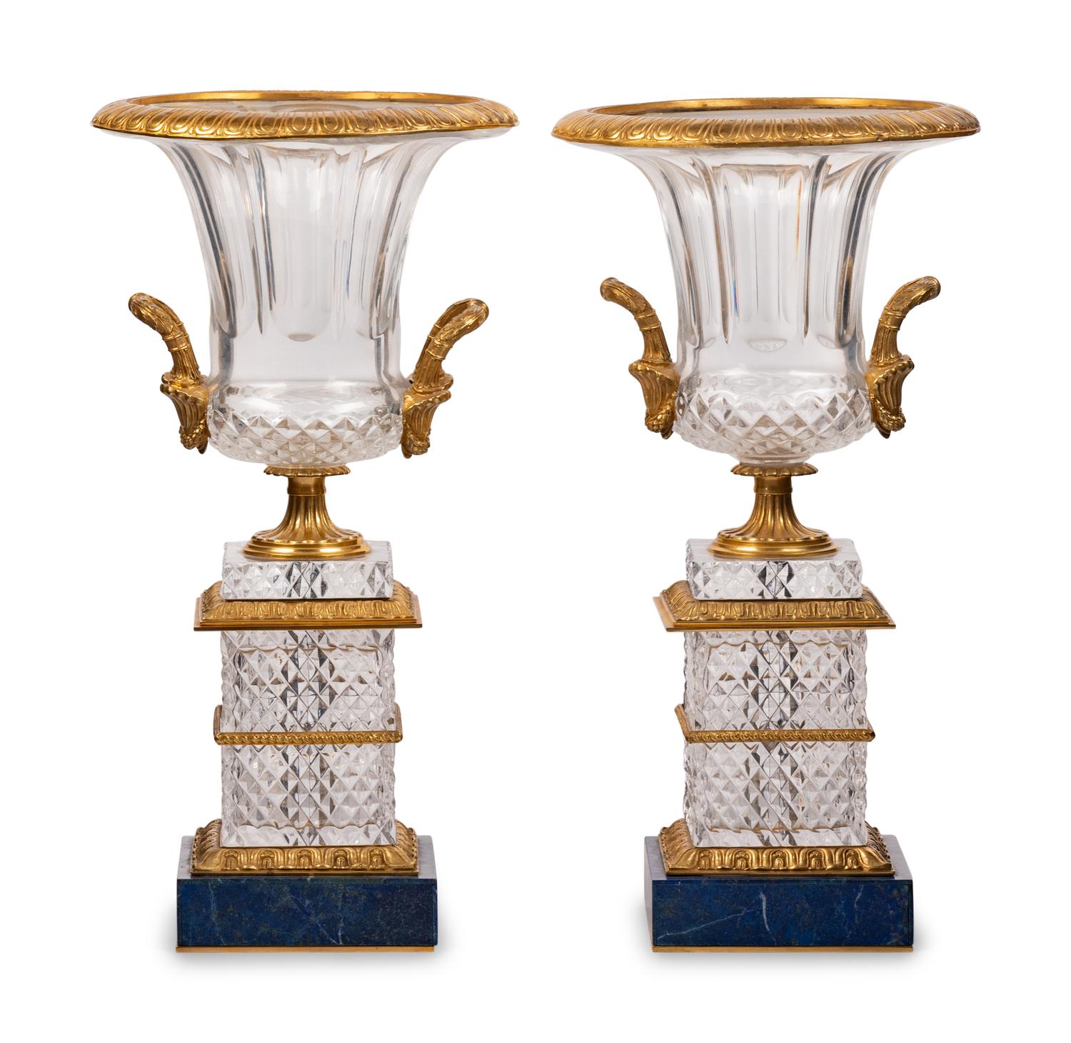 A Pair of Empire Style Gilt Bronze and Cut Glass Urns